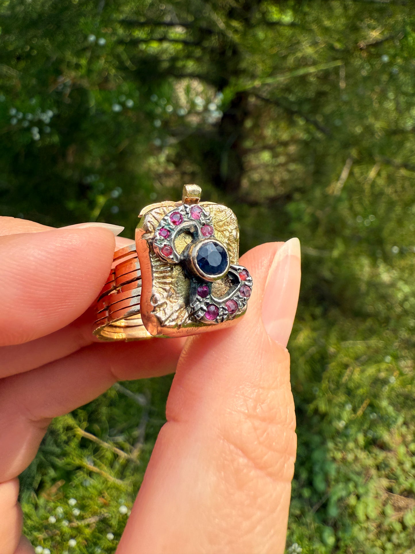 RARE 2 for 1 Convertible RING to BRACELET Surprise Antique Sapphire Ruby Bow 9k Gold Silver Top Clasp Expandable Secret