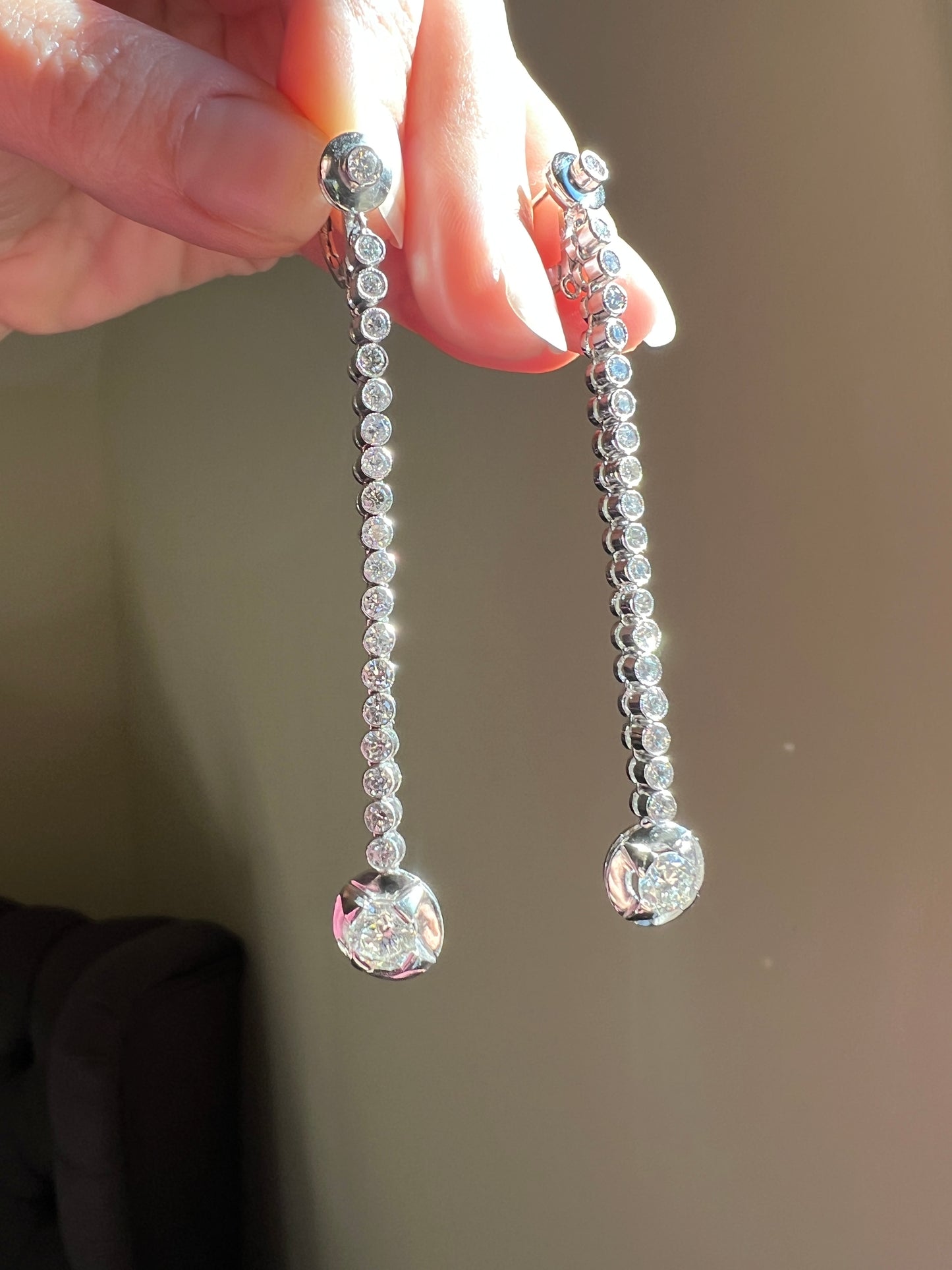 Extra LONG 2.8" Transitional Single Cut DIAMOND 3.6 Carats Tdw Dangle Earrings French Vintage 18k White Gold Platinum
