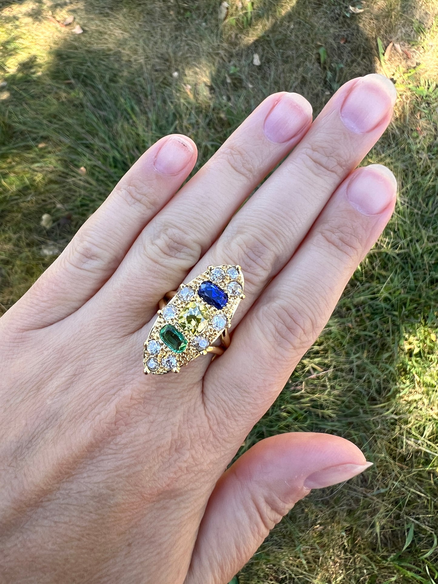 Unique French Vintage Navette Ring 1.25 Carat Antique Eye Clean Fancy Intense Greenish YELLOW Old Mine Cut DIAMOND 2.35 Tdw Emerald Sapphire