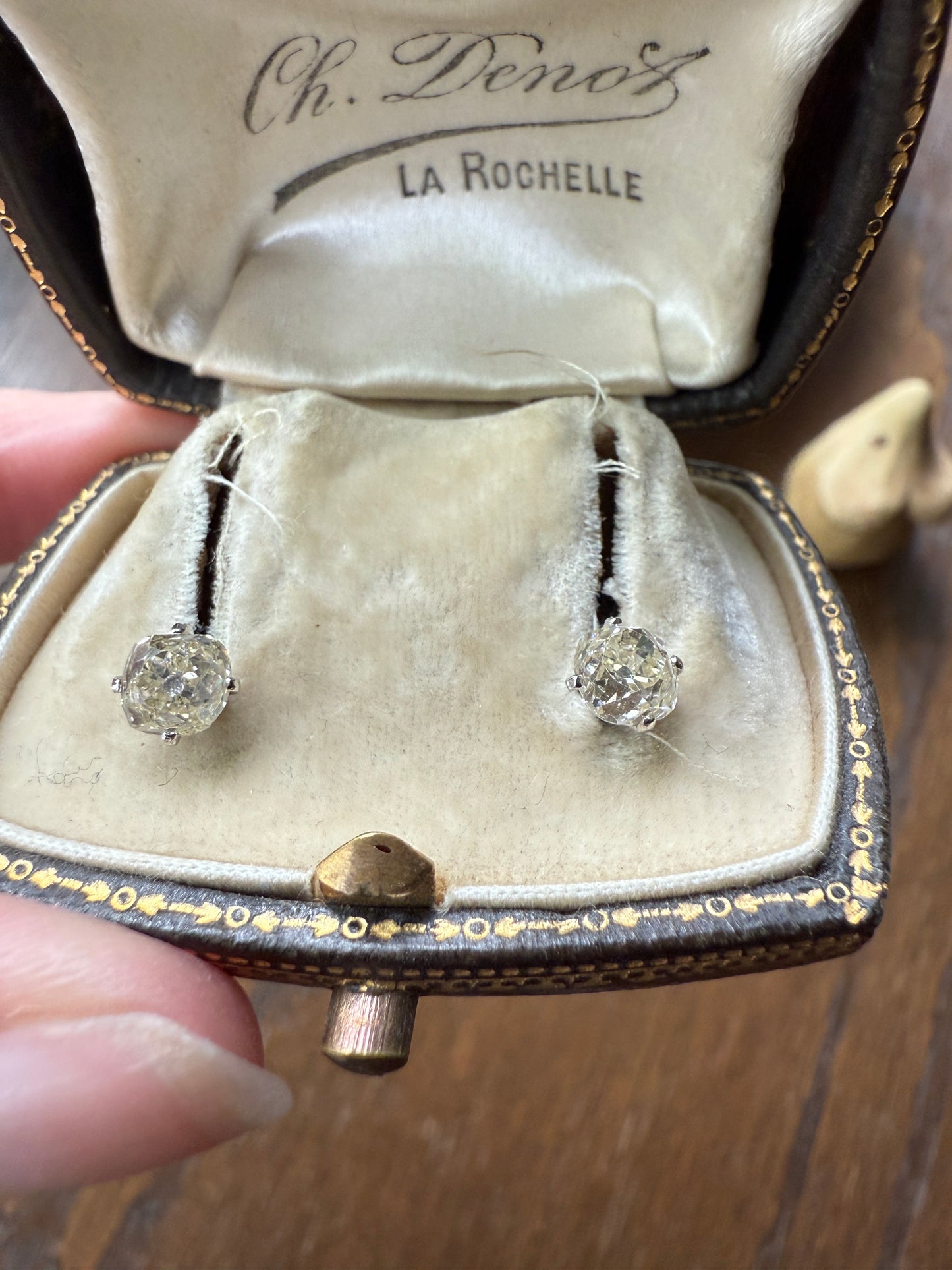 Old Mine Cut 1.3 Carat Tdw DIAMOND Stud Earrings French 18k White GOLD Warm Chunky Antique Stones Later Prong Set