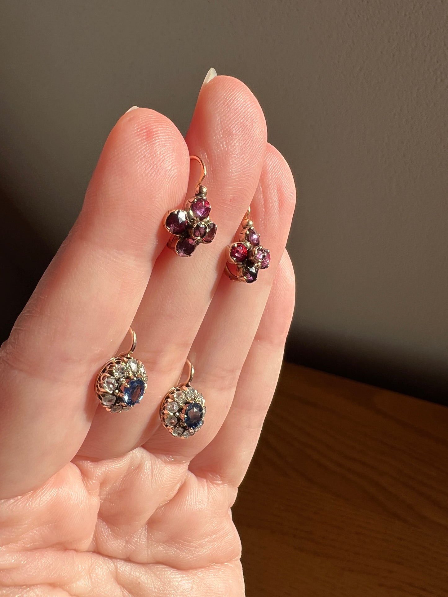 Antique Blue SAPPHIRE .7 Carat Rose Cut DIAMOND Halo Earrings 14k Gold Victorian Dangle Dormeuse Gift Bridal Something Old Blue Holiday Gift