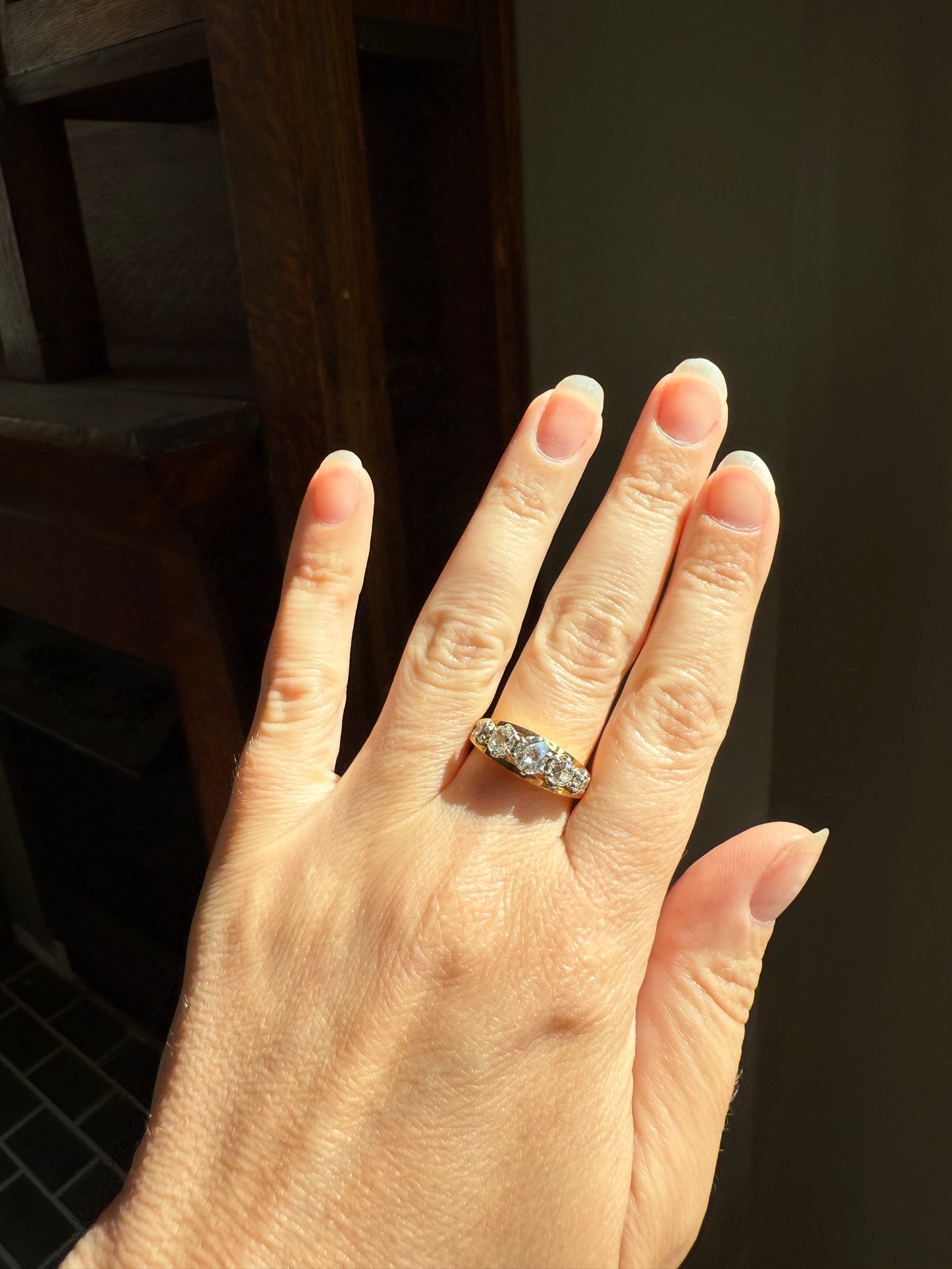 TALL French Vintage Ring 1.65 Carat Antique Old Mine Cut DIAMOND Five Stone Wide Band 18k Gold Platinum Solid Stacker Chunky