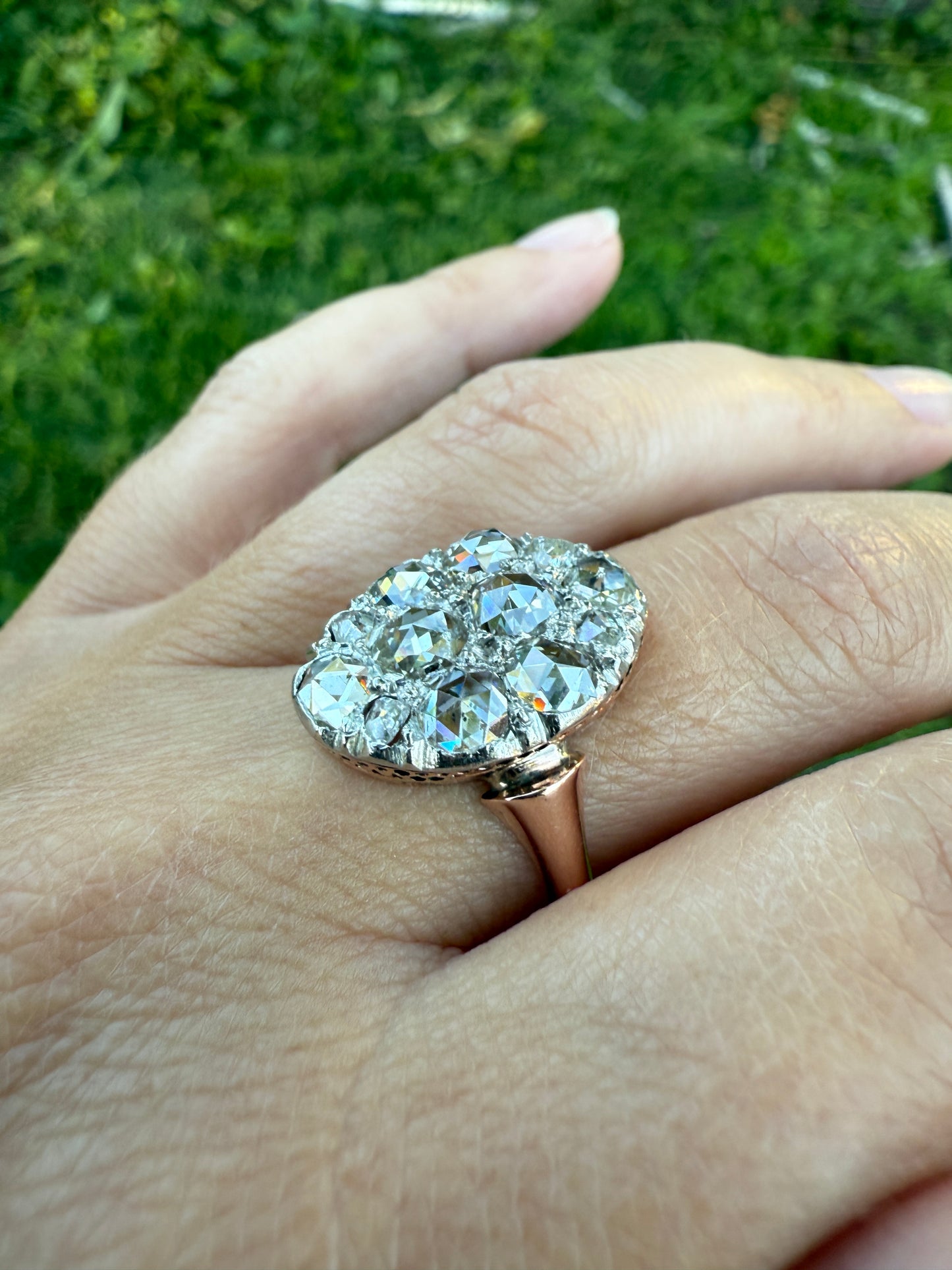 Extraordinary French Antique 3 Carat Scale Dutch Rose Cut DIAMOND 18k Gold Platinum Cluster Oval Stacker Rare Disco Ball Bauble