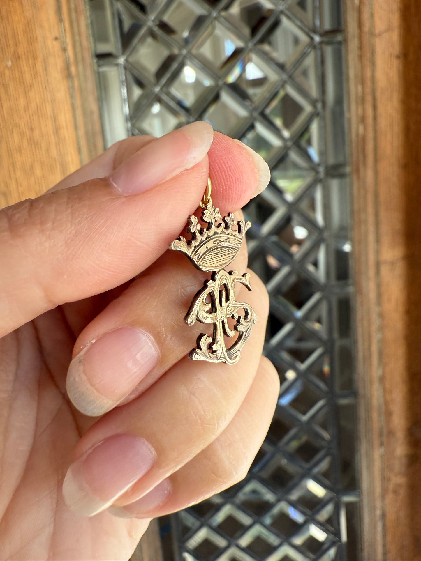 CROWN Figural Initial Pendant S E or F ? Solid Silver Vermeil Gold Plated Front Unique Charm Hand Engraved Openwork Detail
