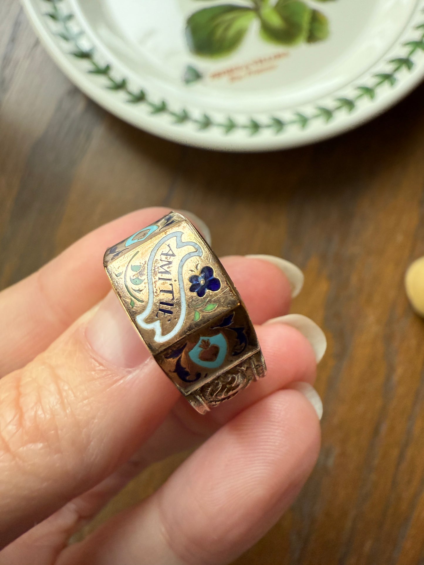 AMITIE French "Friendship" Gold Filled Wide Band Betrothal Ring Traditional Engagement Unique Stacker Enamel