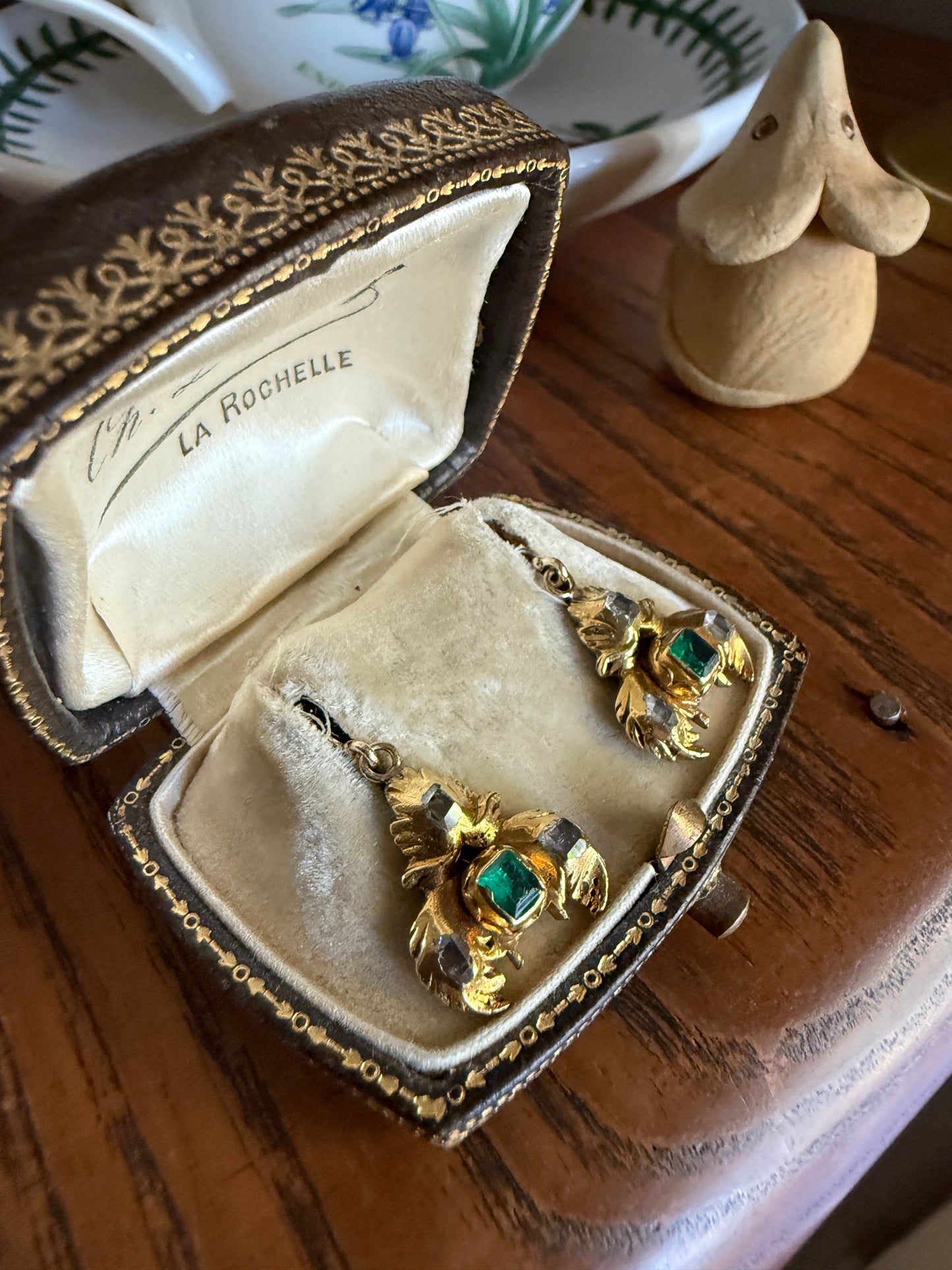 Antique EMERALD Table Cut DIAMOND Enamel Backed 18k Gold & 14k Dangle EARRINGS Georgian Renaissance Revival Green One of a Kind