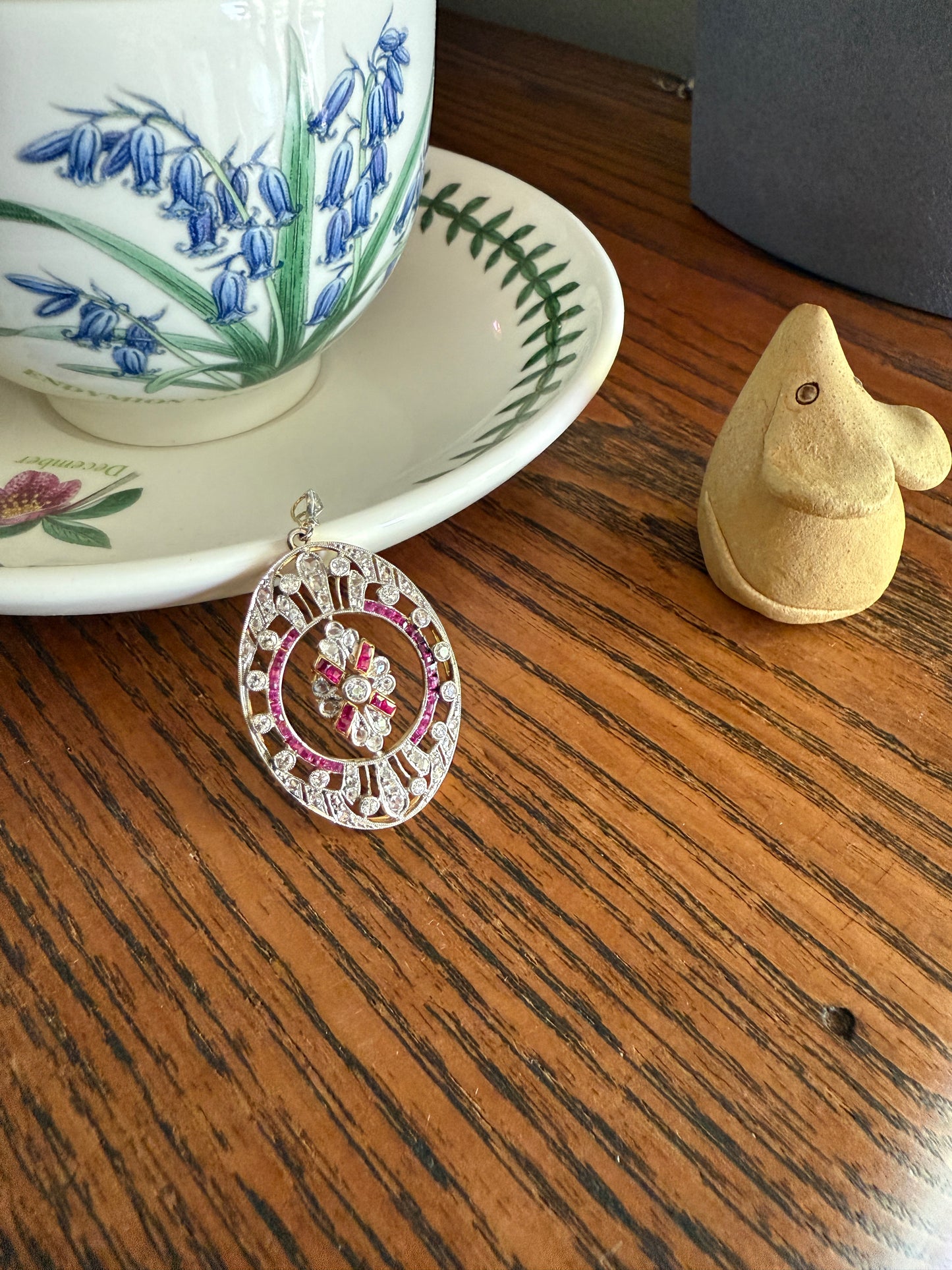 XL French Edwardian Ruby 1.75 Carat Old Mine Rose Cut DIAMOND 18k Gold Oval Pendant Open Work Medallion Pink Carre Cut Halo