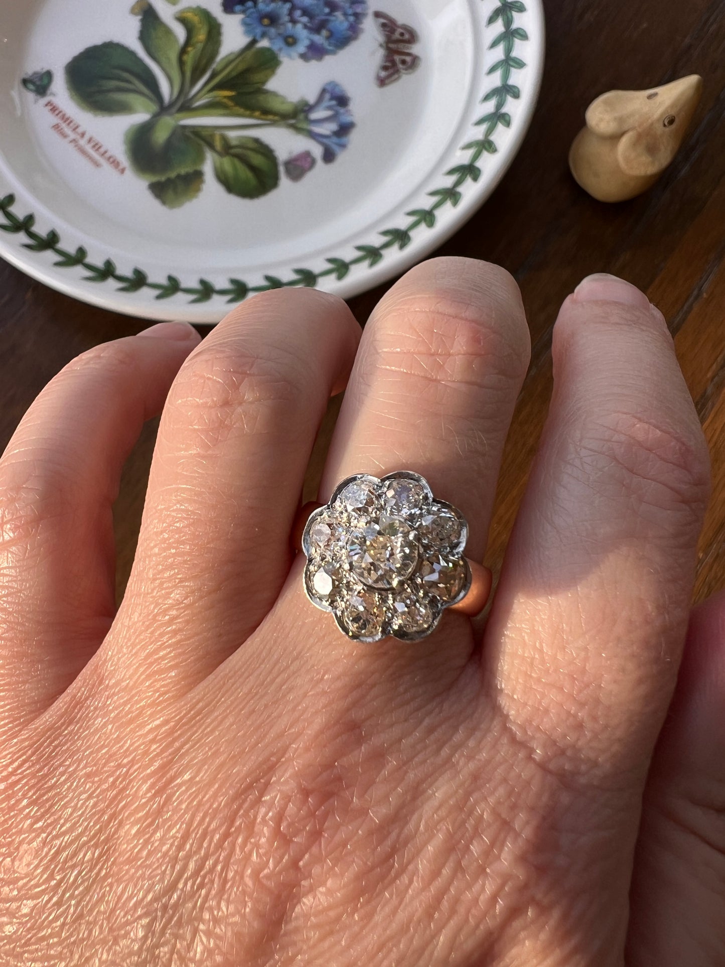 Large ANTIQUE 2.6 Carat Nine Stone Old Mine Cut Halo DiAMOND Ring 18k Gold PLATiNUM Wide Band Daisy Cluster