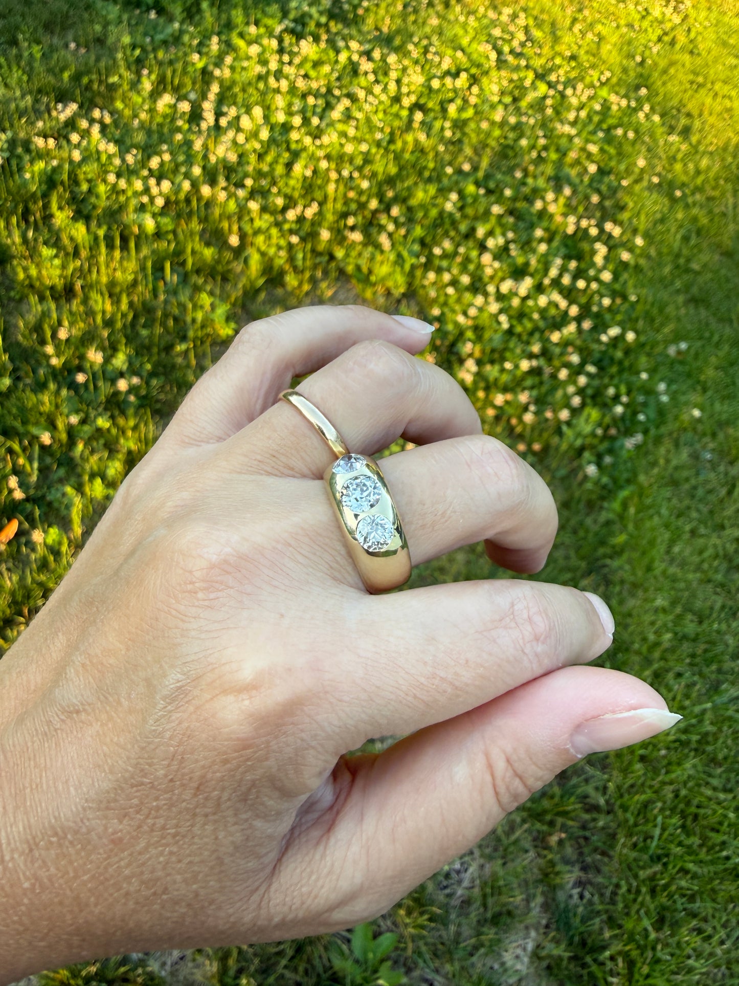 HEAVY Antique 2.4 Carats Natural Old Mine Cut Diamond Three Stone Gypsy Band 10.1g 14k Gold Stacker Ring Man Unisex Chunky