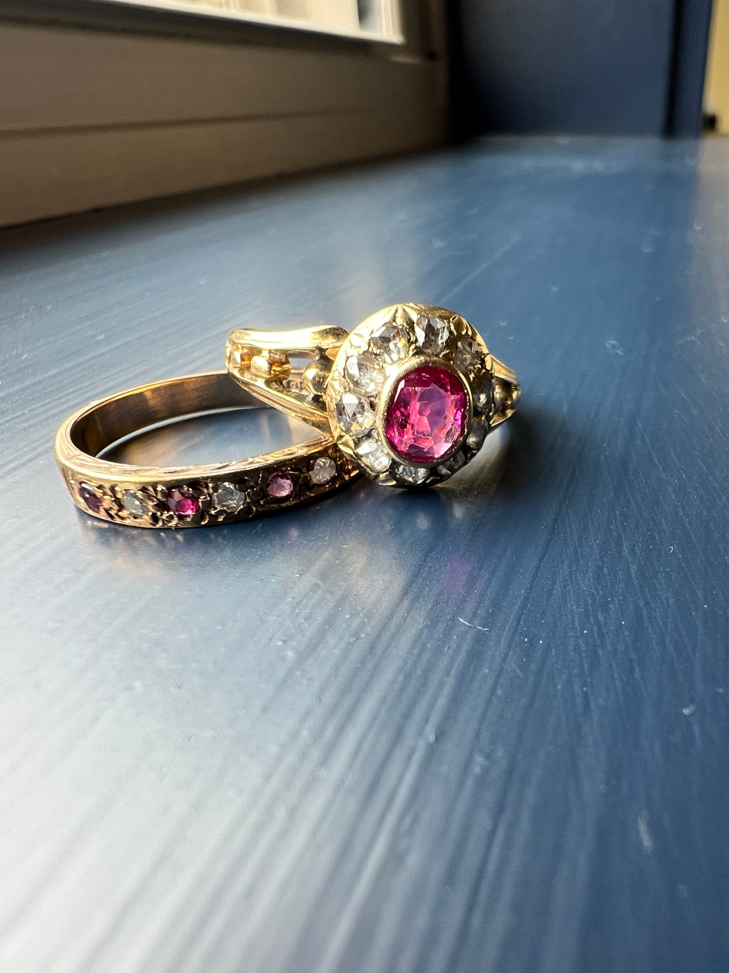 Vintage RUBY & Diamond Alternating Half Eternity Hoop Band 9k Gold Nine Stone Ring Engraved Stacker Pink Red