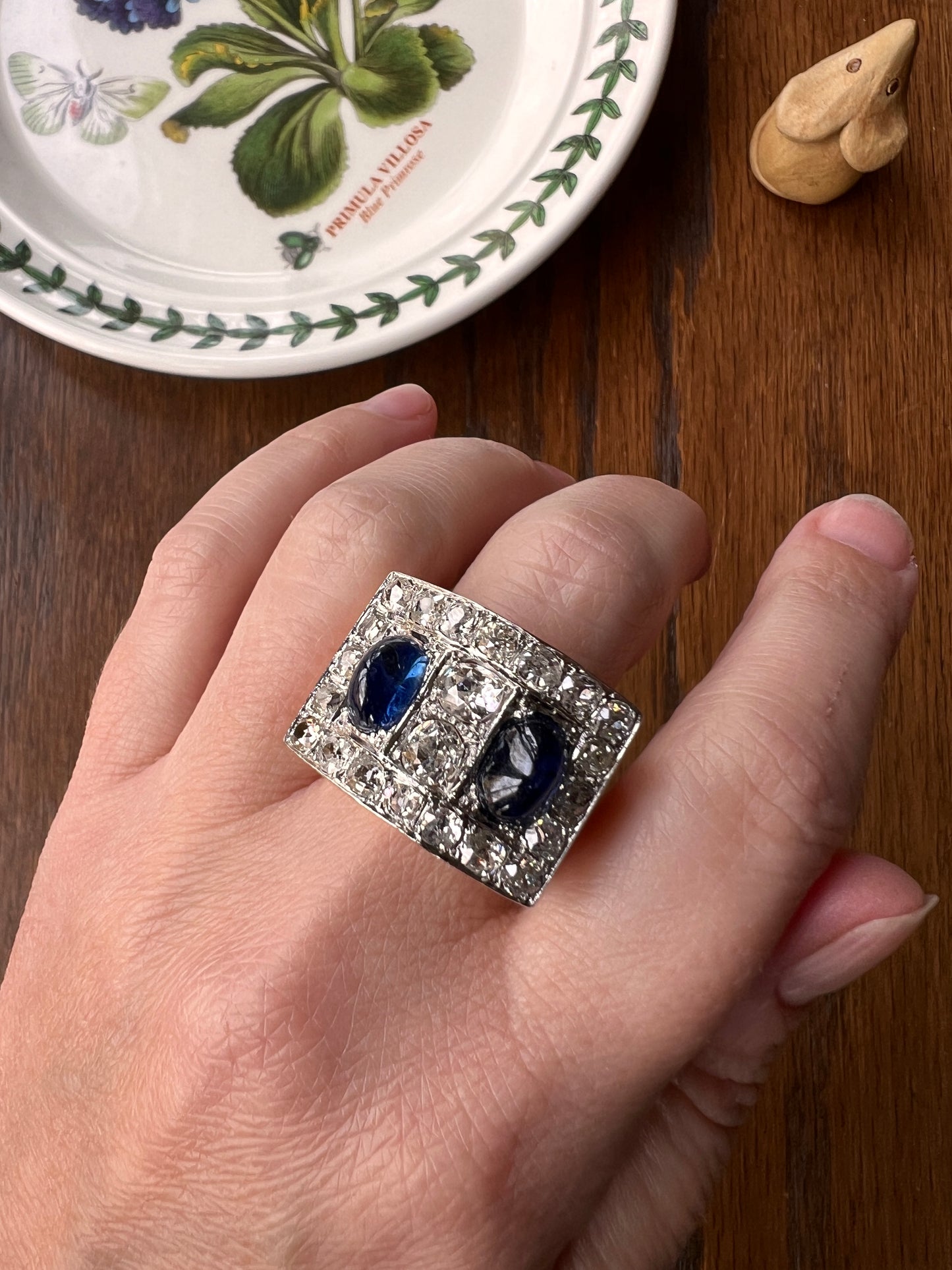 Mega 3.8 CARAT Old Mine Cut DIAMOND Two Sugarloaf Sapphire XL Heavy French Vintage 18k Gold Platinum Tank Ring Chunky Blue