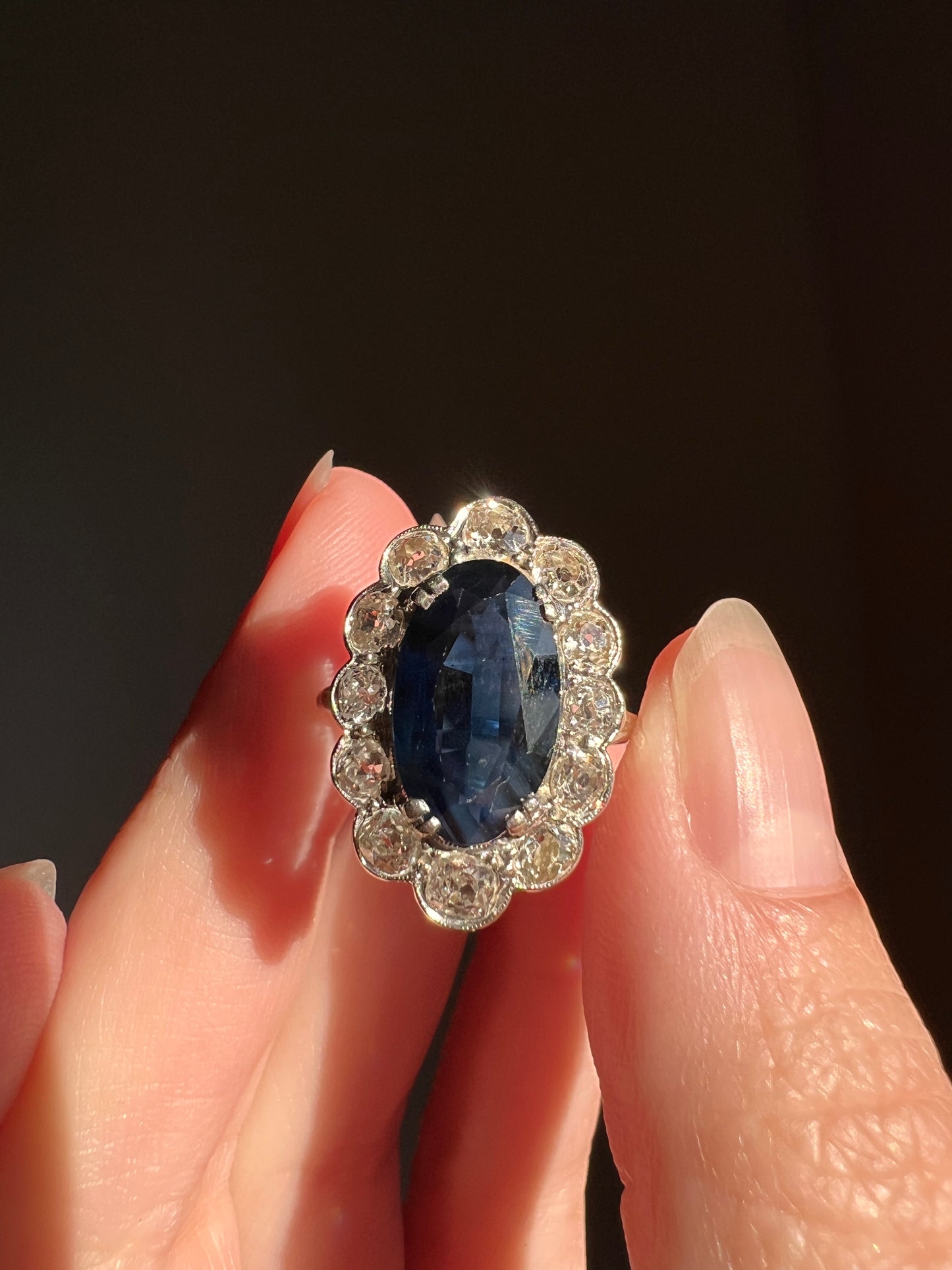French Antique 18k White Gold PLATINUM 3Ct Natural SAPPHIRE 1.2Ctw Old Mine Cut DIAMOND Halo Ring Cluster
