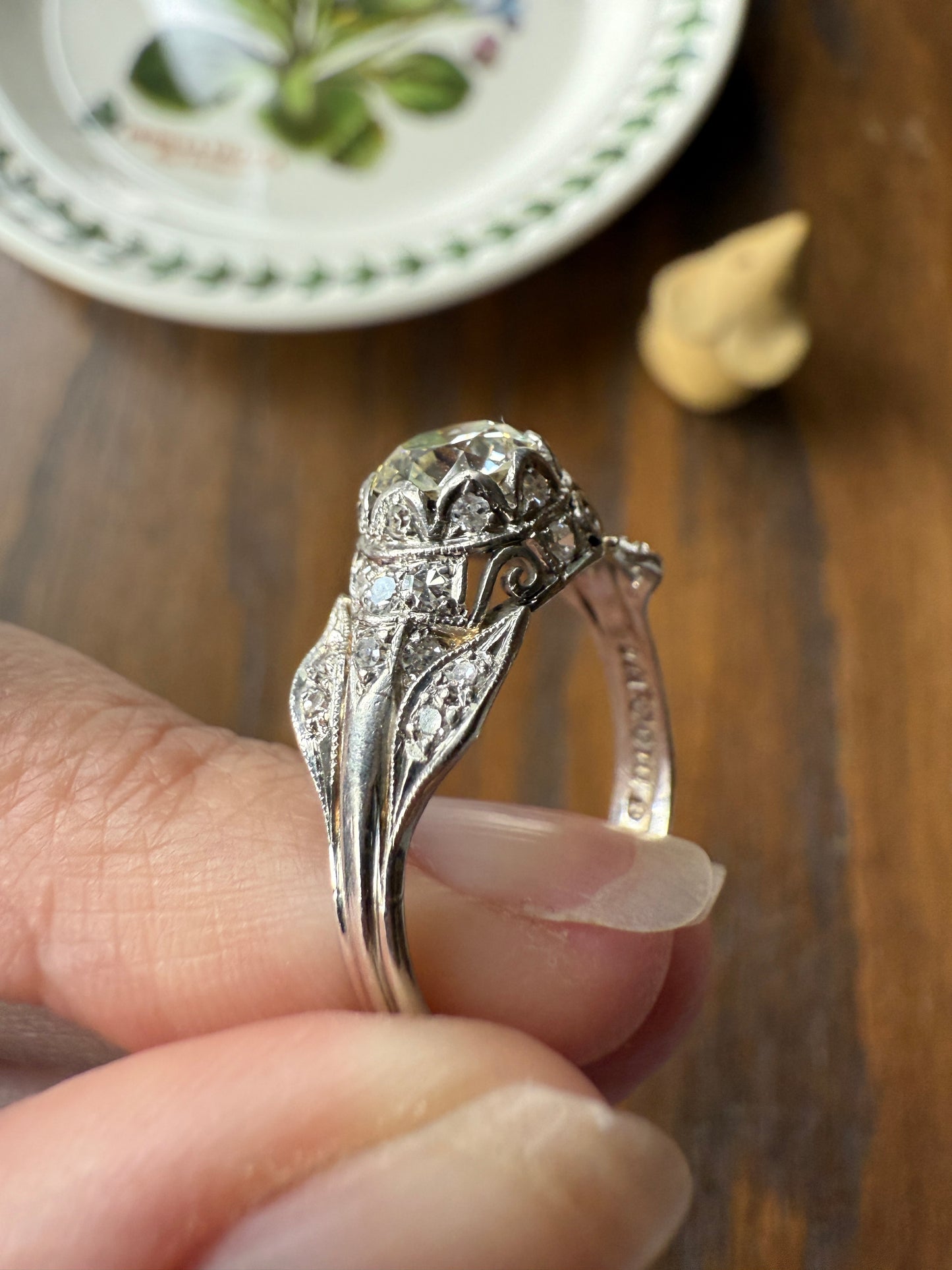 PLATINUM 1.7Ctw Art Deco Eye CLEAN Old European Cut Diamond Solitaire Engagement Ring w/ Wedding Set Wrap Encrusted Leaf Prong Antique c1928