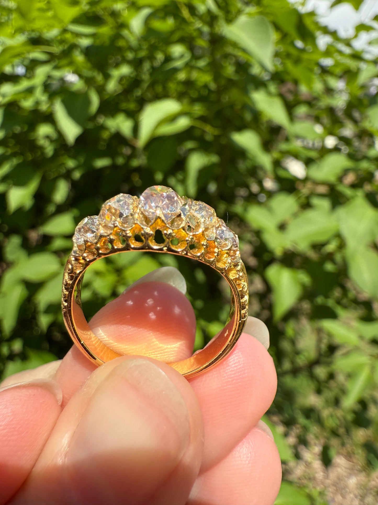 Most Ornate Victorian Antique Chunky Five Stone 1.8 Carat Old Mine Cut Diamond Band 18k Gold Ring Stacker Crown Prongs