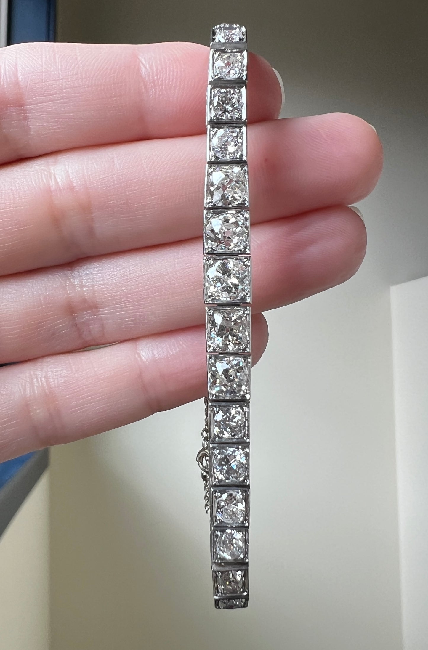 Antique 9.75 CARAT 38 Old European & Mine Cut DIAMOND Line Bracelet PLATINUM 18k White Gold French Geometric Engraved Tennis