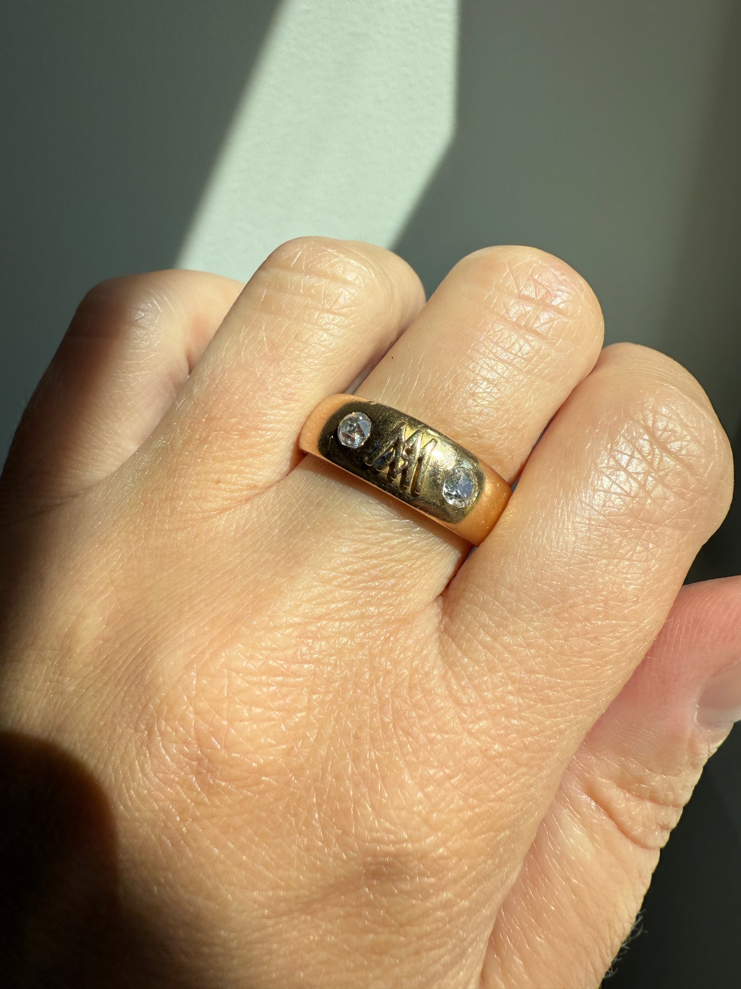 Heavy AM W Old Mine Cut Diamond Gypsy Ring 9.3g 18k Gold Band Solid Chunky Figural Initial Monogram Ring Stacker Man Or Unisex .4 Carat OMC