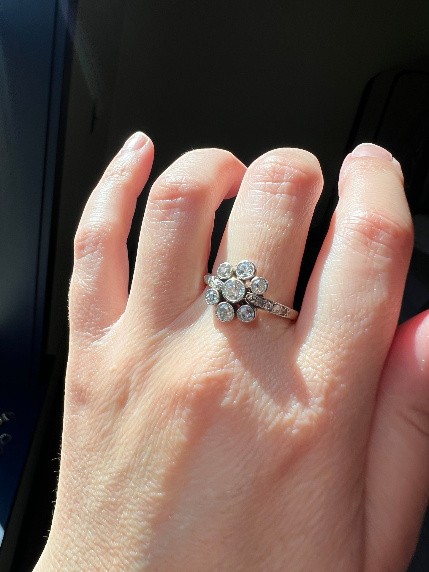Unique 1 Carat Antique Rose & Old Mine Cut DIAMOND Seven Stone Cluster Ring 18k White Gold French Art Deco Bezel Set Halo