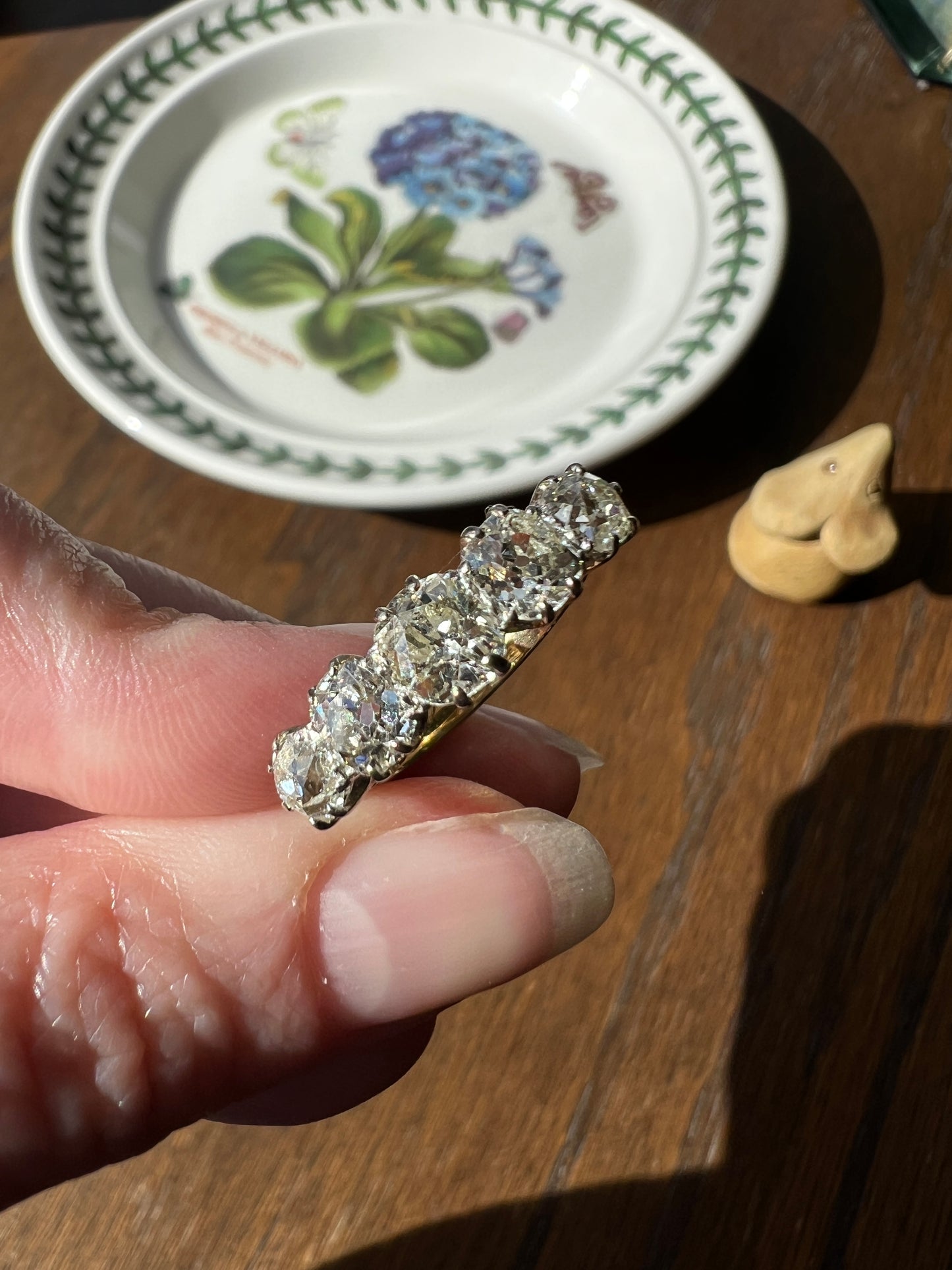 Antique 2.5 Carat Old Mine Cut DIAMOND 18k Gold Five Stone Ring Tall Band Romantic Gift Splayed Stacker