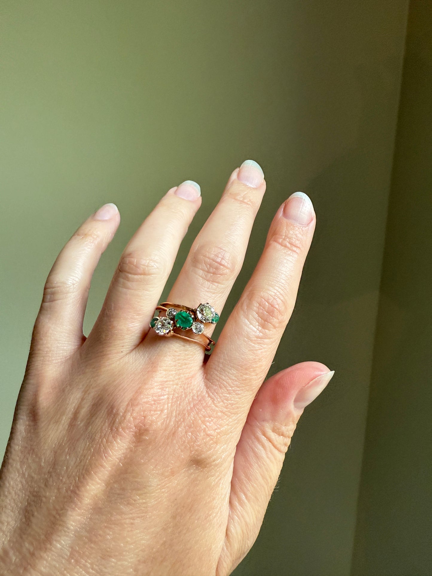 Antique EMERALD 1.4 Carat Old Mine Cut DIAMOND Angled Cluster Ring Chunky Victorian 18k Gold Two Levels Double Bands Green