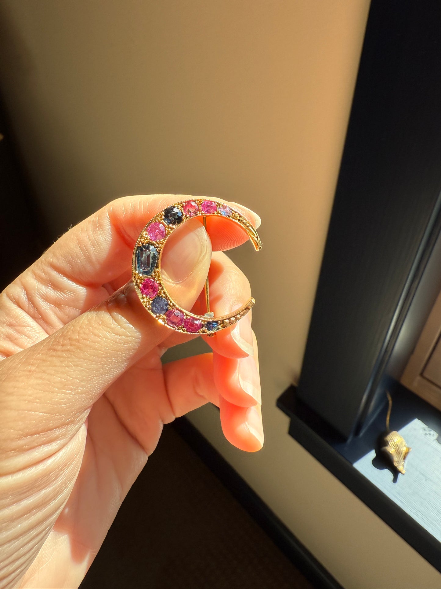 MOON Alternating Pink & Blue SAPPHIRE French Victorian ANTIQUE Pin Brooch for Pendant Romantic Gift Victorian