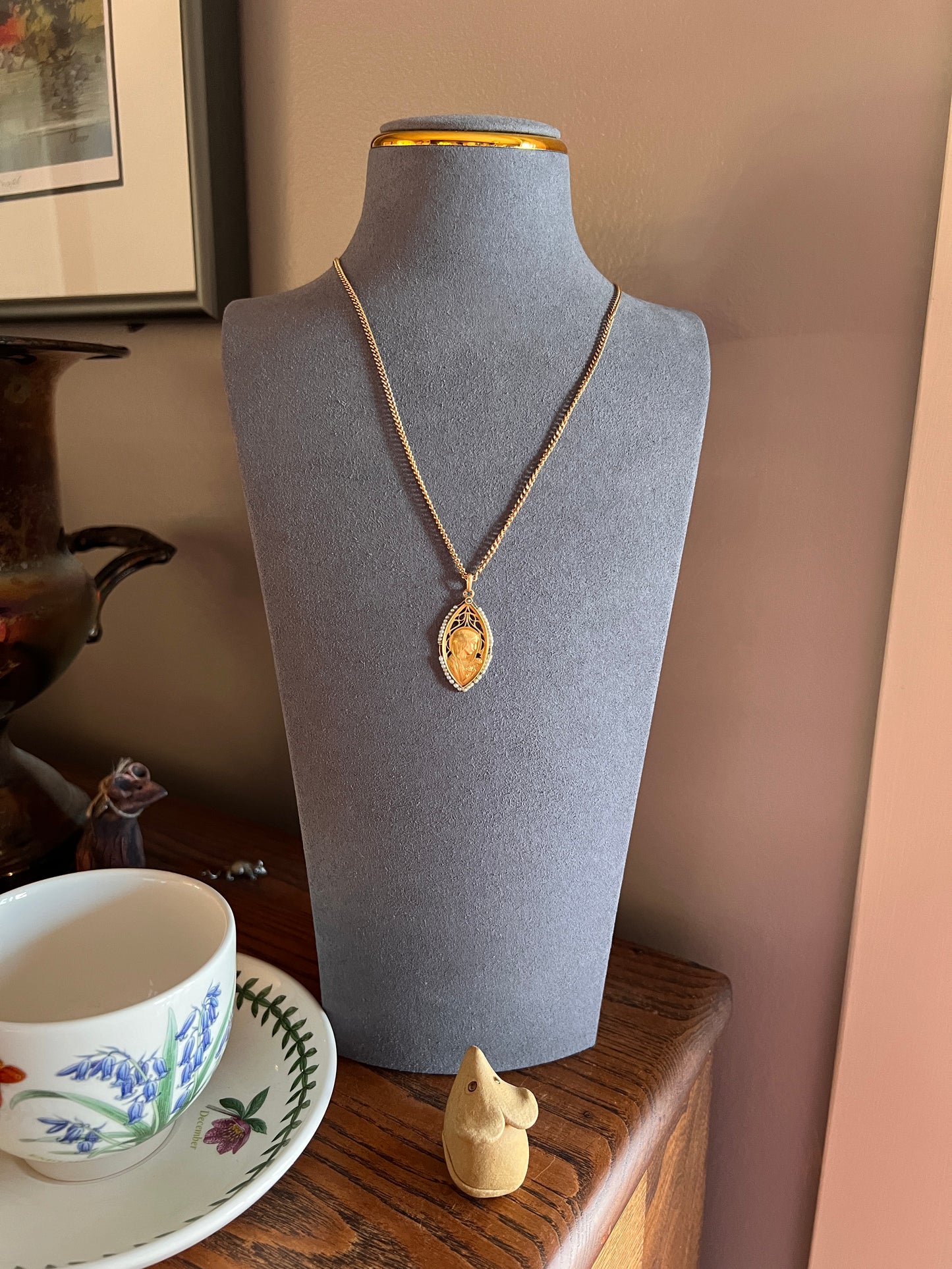 French ANTIQUE Religious Medal Art Nouveau 18k Gold Seed Pearl Halo Virgin Mary St. Therese Roses Pendant