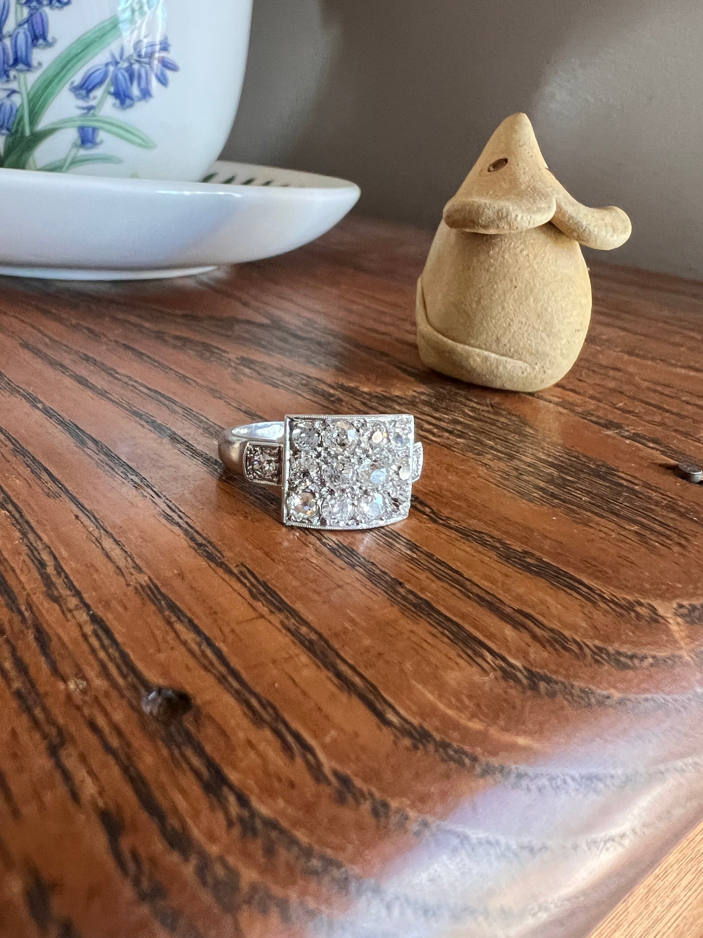 Two Carat 14 Old Mine Cut DIAMOND Curved Cluster Grid Ring French Antique Platinum Cobblestone