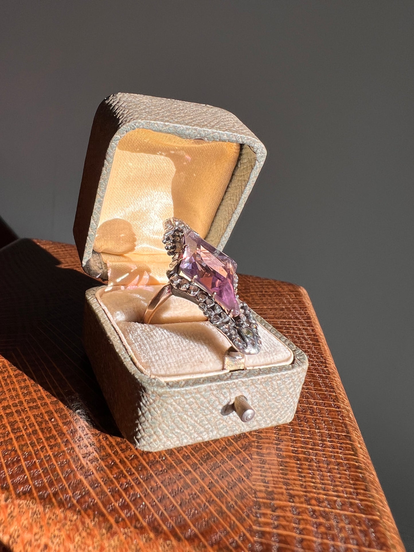 One of a Kind LARGE Flared Cut AMETHYST 62 Rose Cut DIAMONDS French Antique Ring Tulip Floral Garland 18k Rose Gold Silver