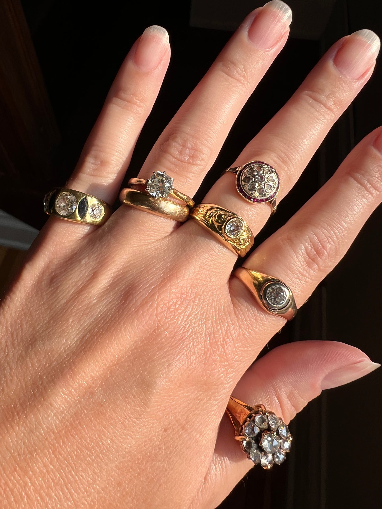 ROSES .33 Carat Old Mine Cut DIAMOND Floral GYPSY Ring Wide Band Antique 18k Gold Stacker French Belle Epoque