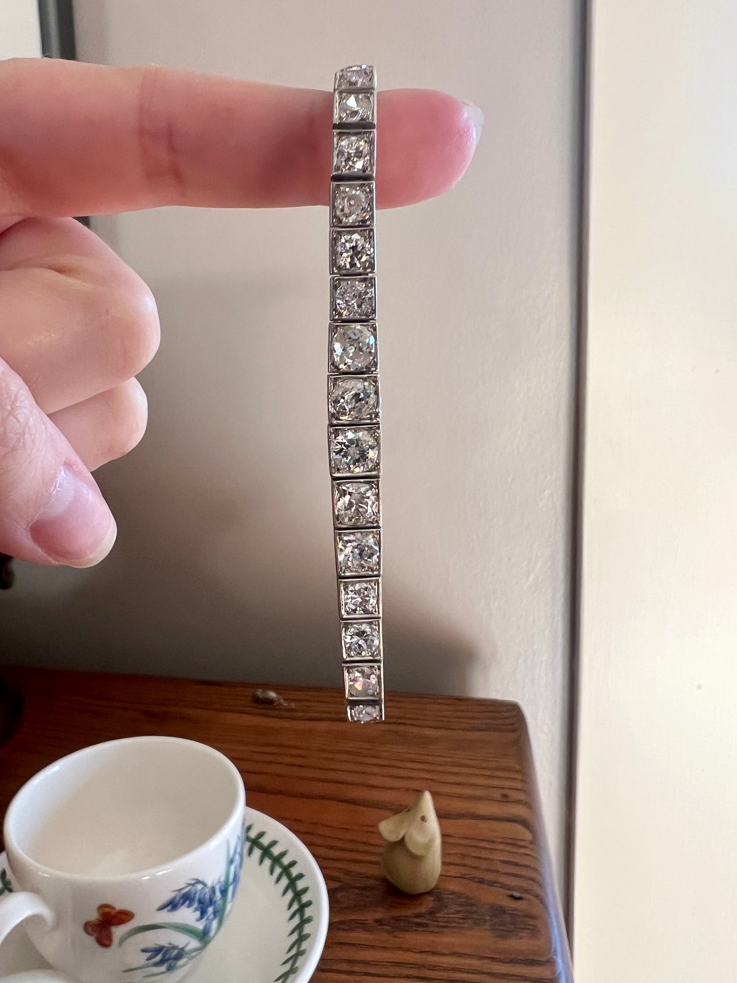 Antique 9.75 CARAT 38 Old European & Mine Cut DIAMOND Line Bracelet PLATINUM 18k White Gold French Geometric Engraved Tennis