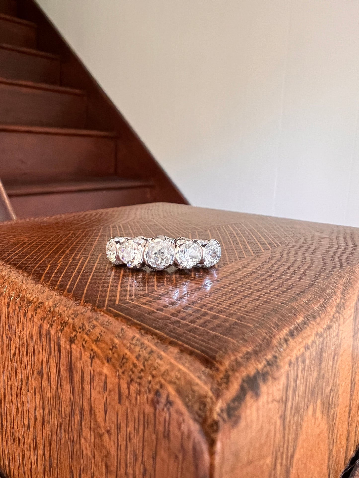 MEGA 2.8 Carat Five Stone Transitional Old Mine Cut DIAMOND Platinum Ring French Vintage Band Tall