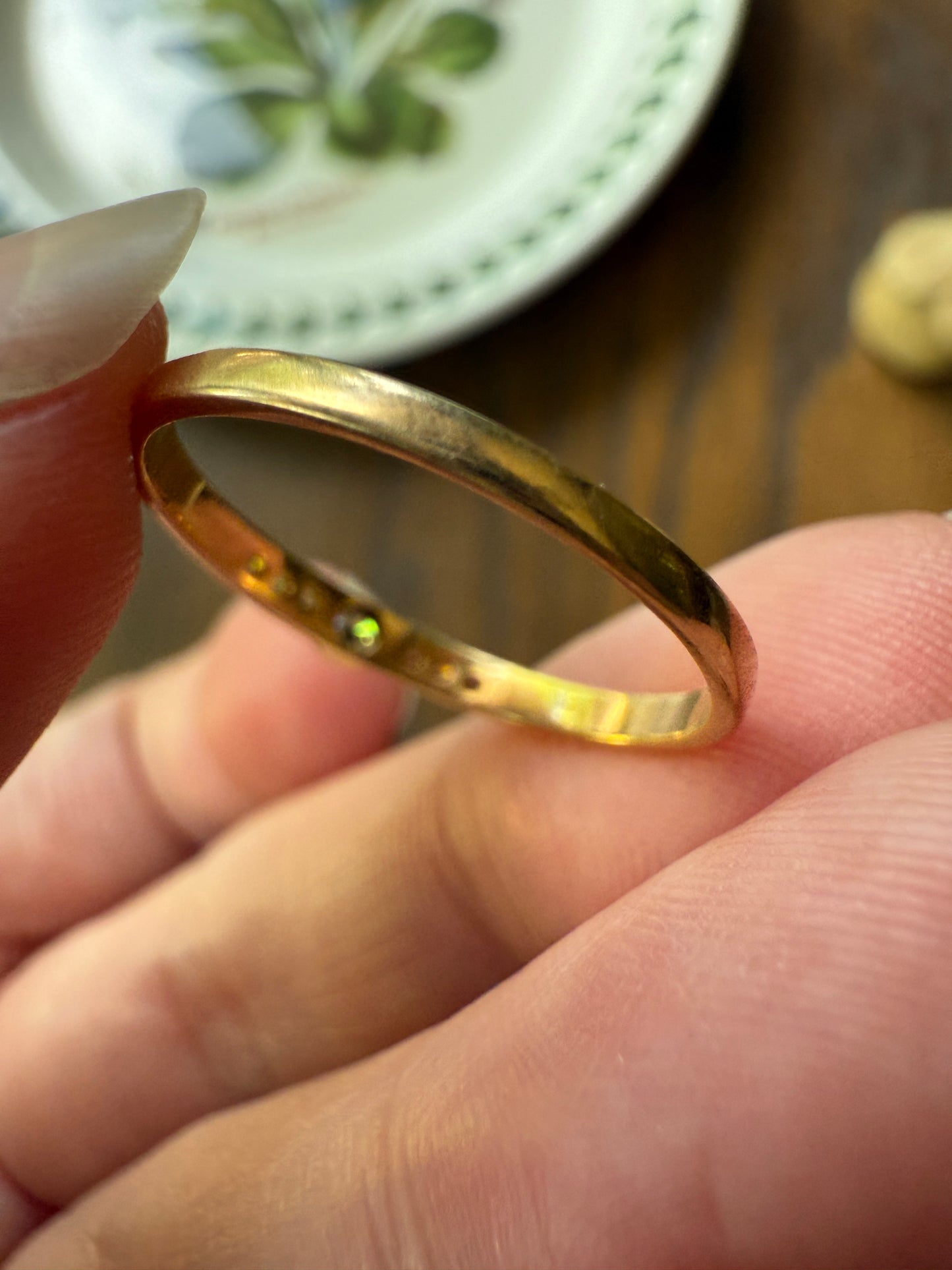 Bezel Set Vintage Skinny Band 18k Gold Solid Stacker Ring Geometric Single Cut Diamonds Seven Stone Skinniest Dainty Minimalist