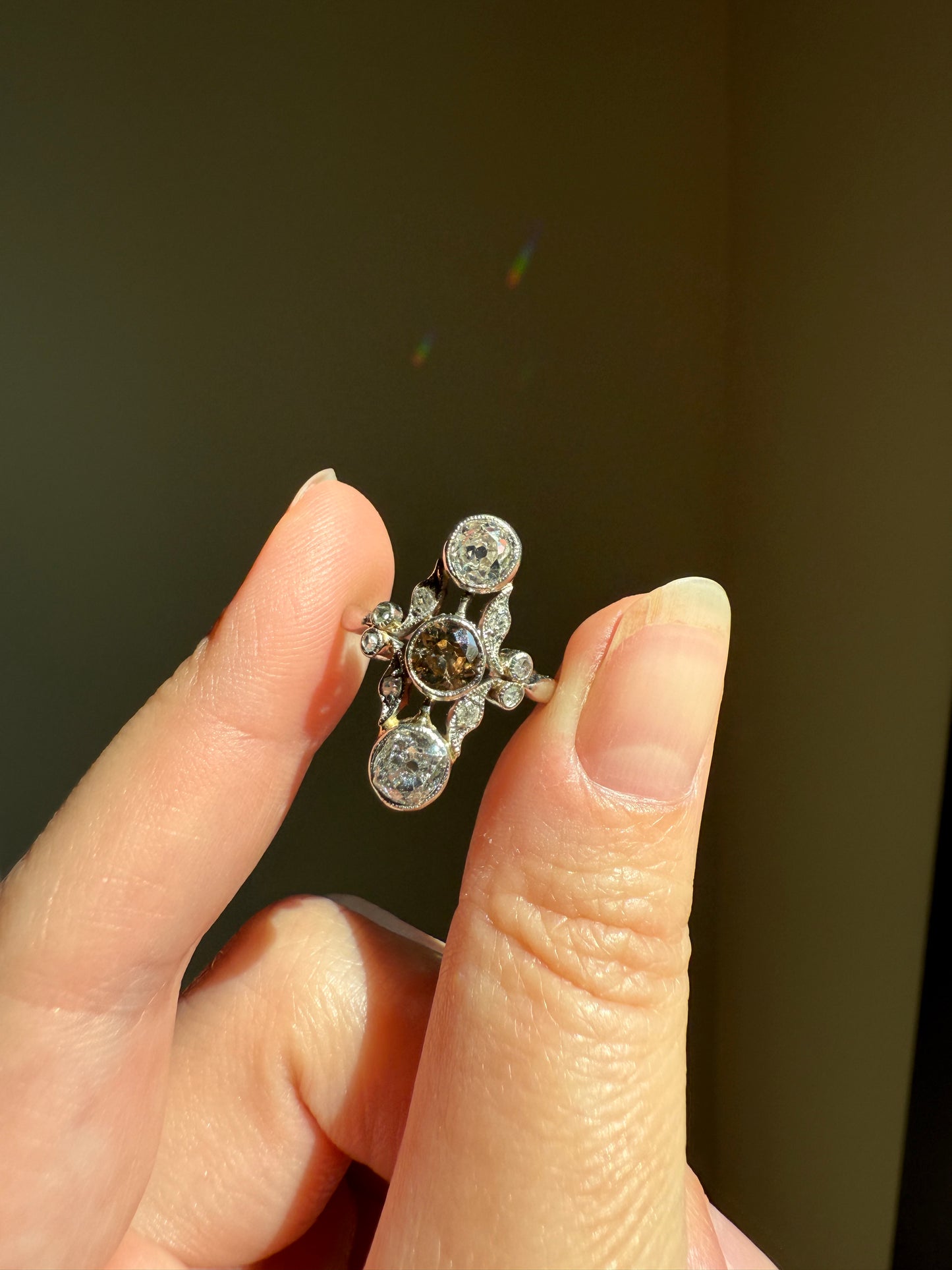 ORNATE Belle Epoque Antique 1.6 Carat Tdw Champagne Fancy Light Brown & White Three Stone Old Mine Cut Diamond Platinum Navette Ring Oval Victorian French