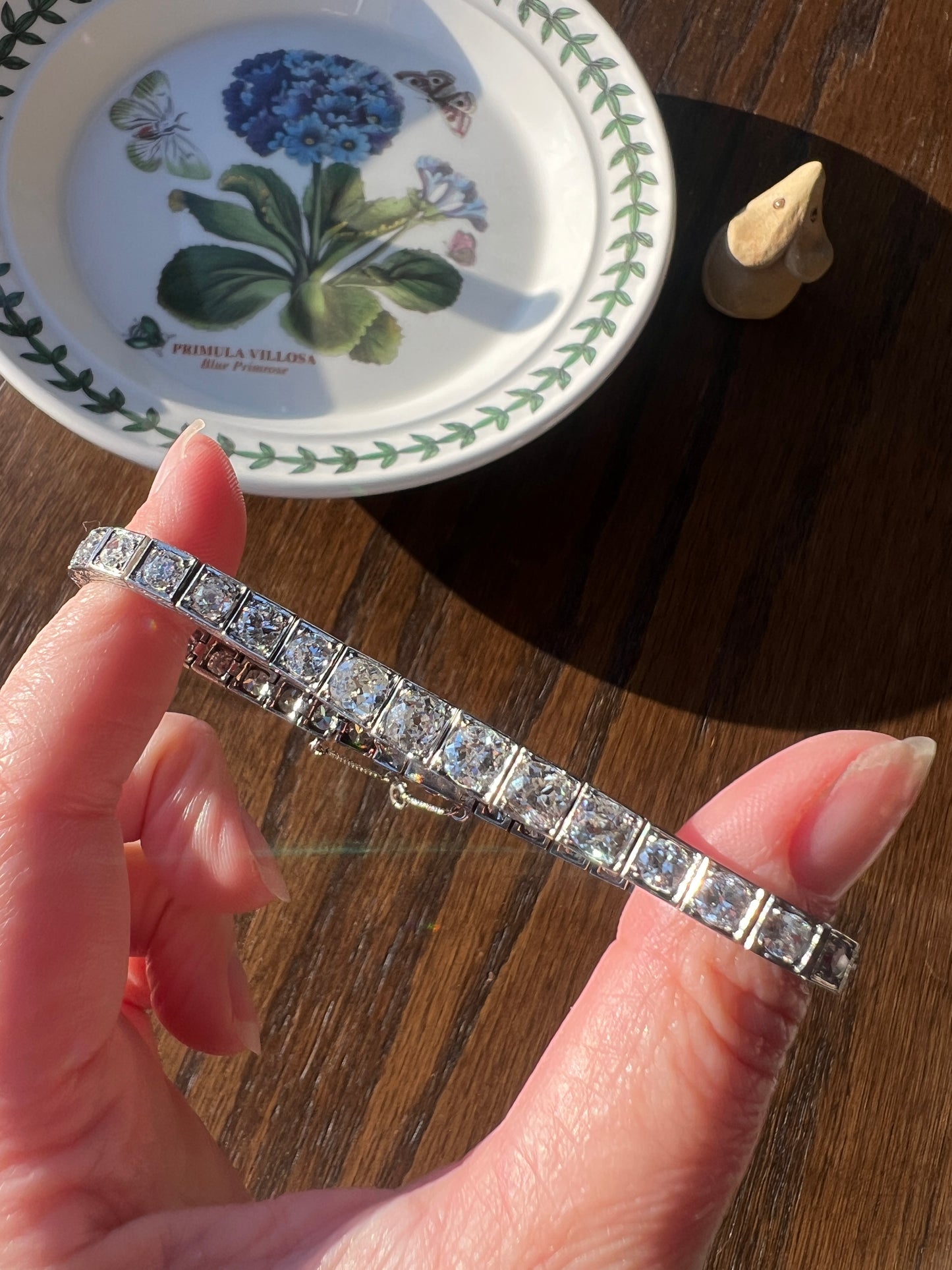 Antique 9.75 CARAT 38 Old European & Mine Cut DIAMOND Line Bracelet PLATINUM 18k White Gold French Geometric Engraved Tennis