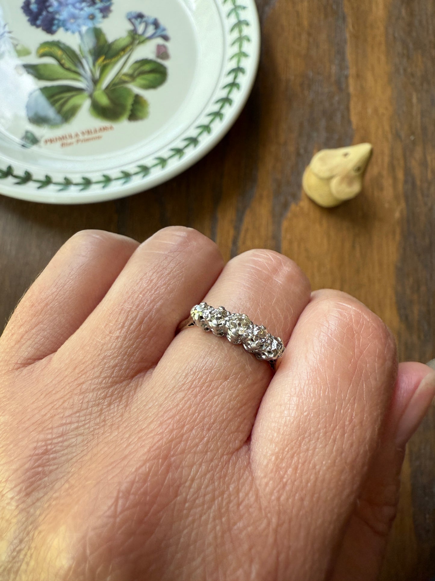TALL Antique 0.6 Ctw Five Stone Old Mine Cut Diamond 18k Gold Platinum Band OMC Champagne