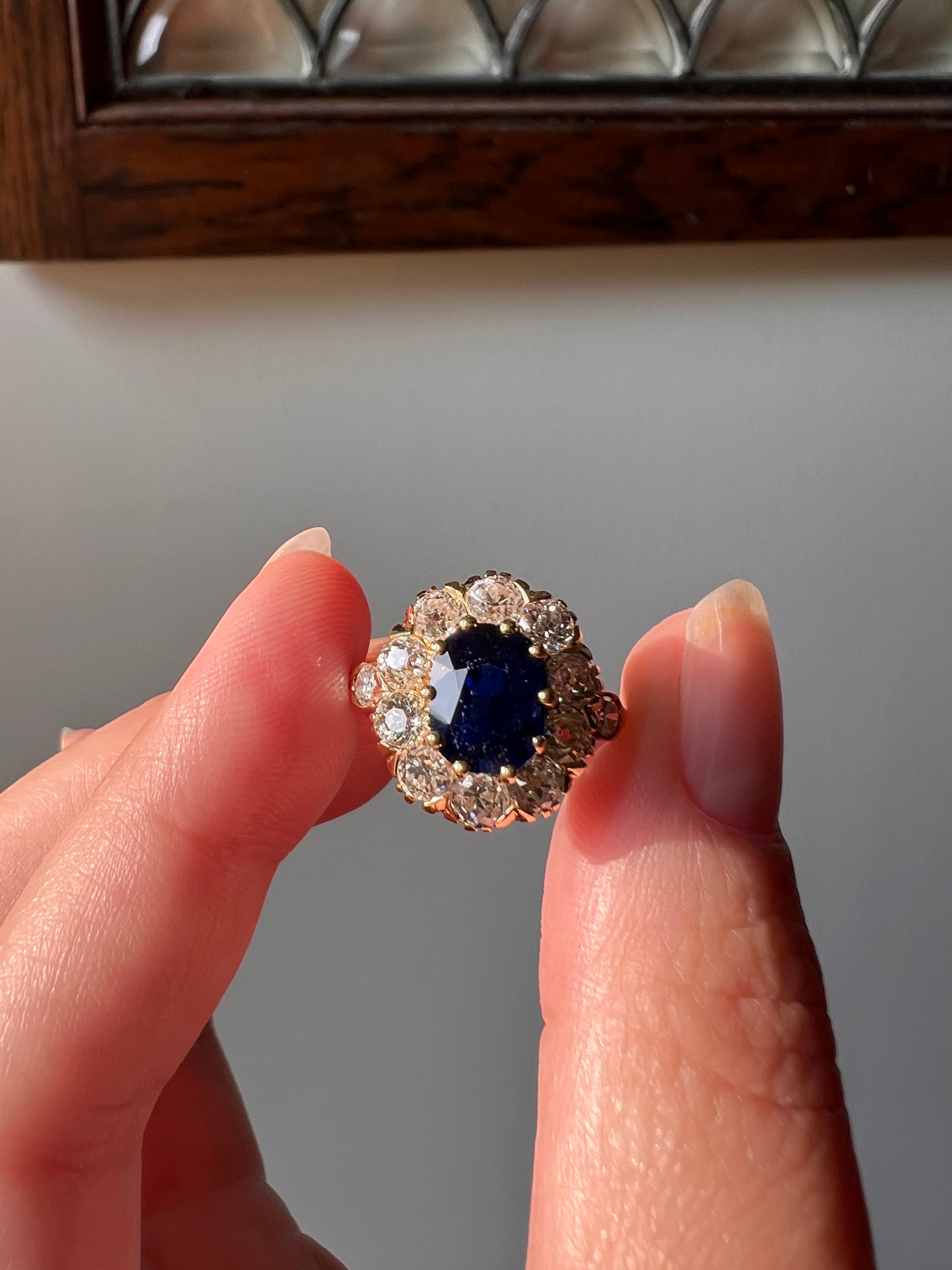 French Antique Natural Sapphire 1.7 CARAT Old Mine Cut DIAMONDS 18k Gold Halo Ring Cluster