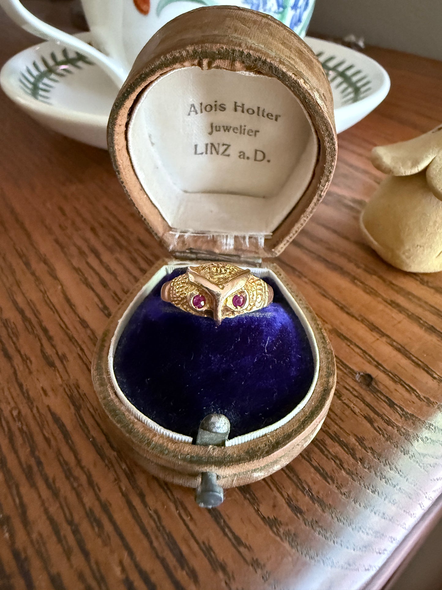 OWL French Vintage 18k Gold Perched Figural Ring Diamond and Ruby Eyes