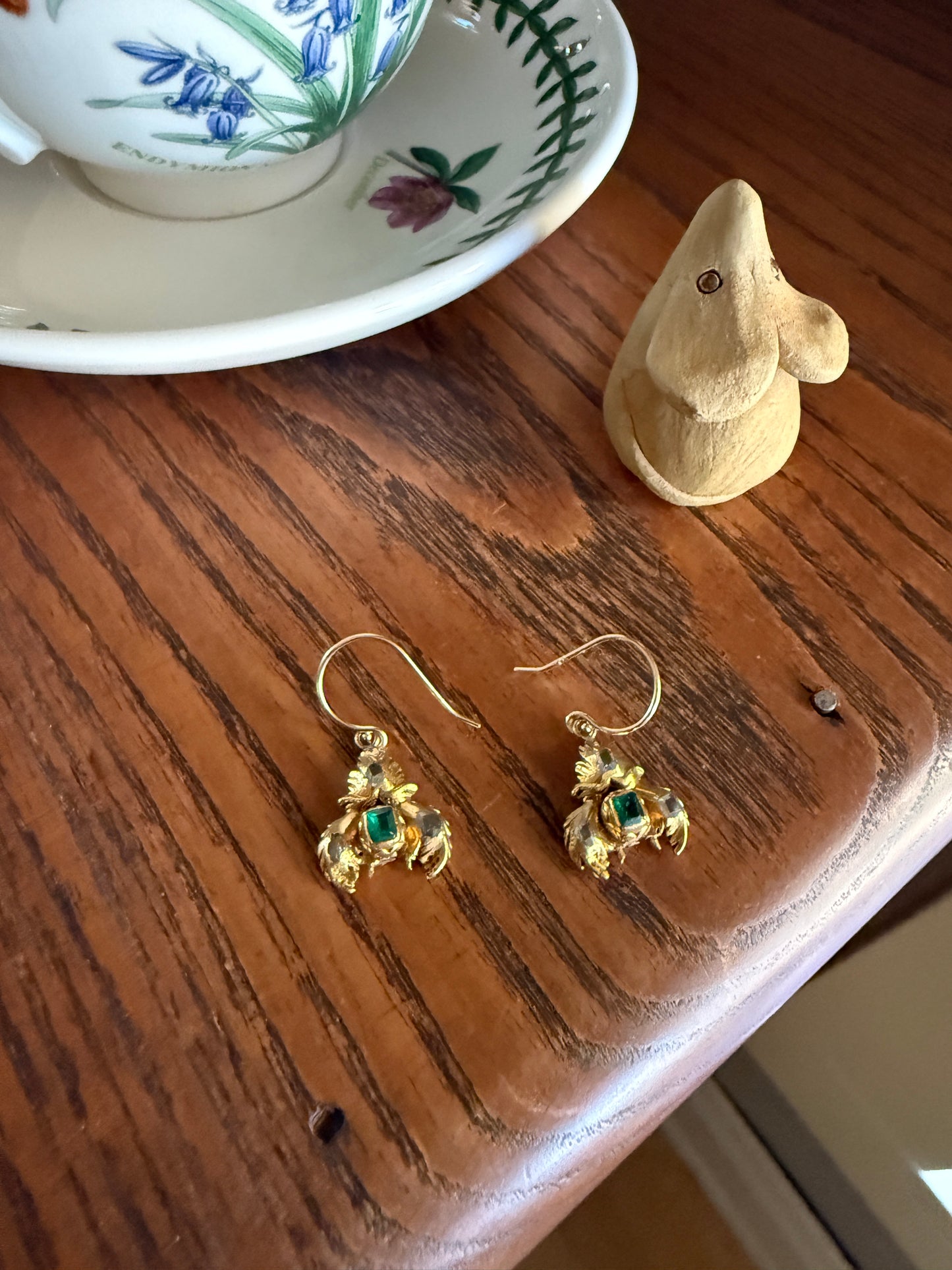Antique EMERALD Table Cut DIAMOND Enamel Backed 18k Gold & 14k Dangle EARRINGS Georgian Renaissance Revival Green One of a Kind