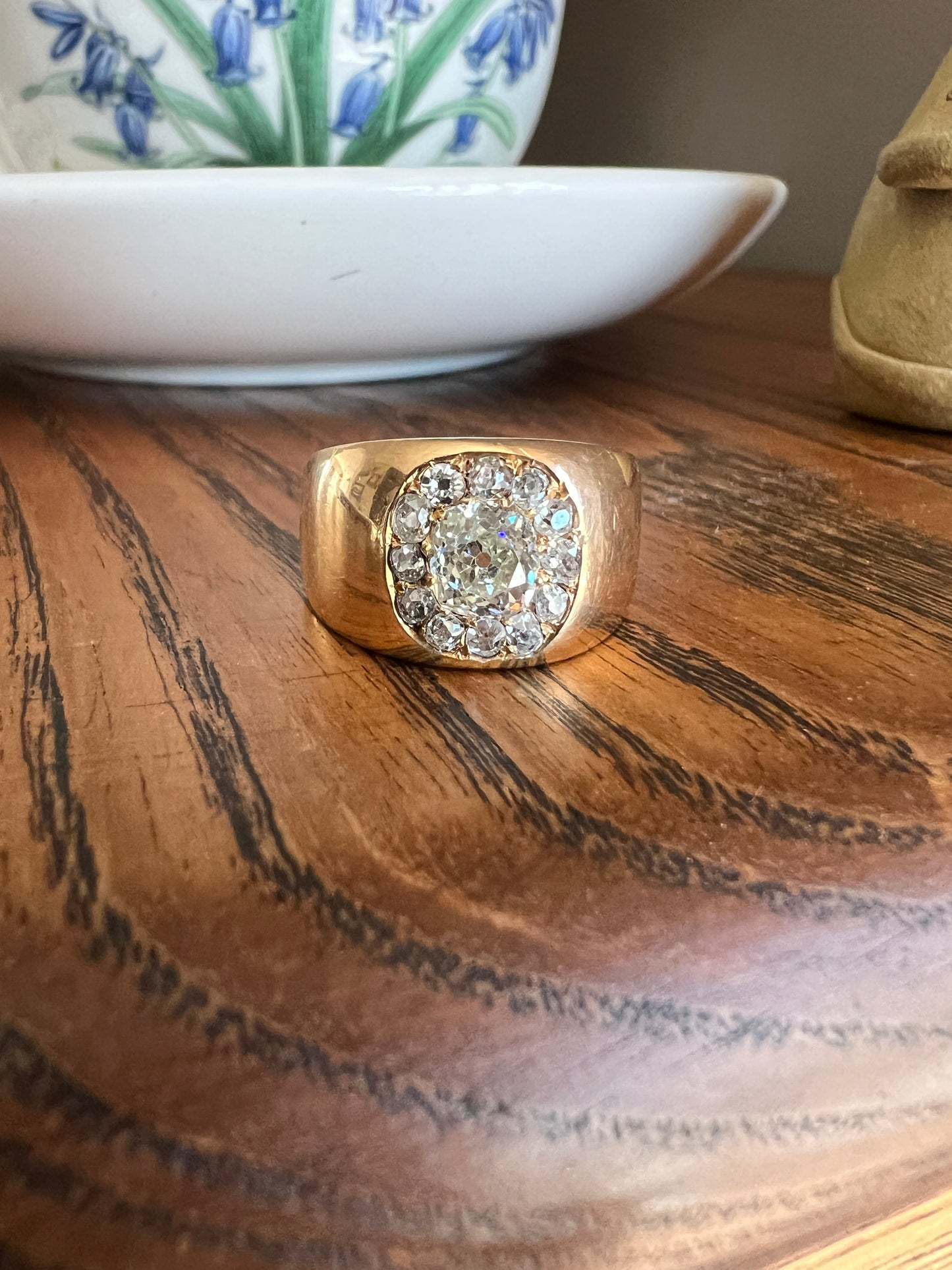 ANTIQUE 1 1/4 Carat Eye Clean Old Mine Cut DIAMONDS Chunky 18k Gold 12mm Wide Cigar Band Cluster Halo Ring French Cobblestone