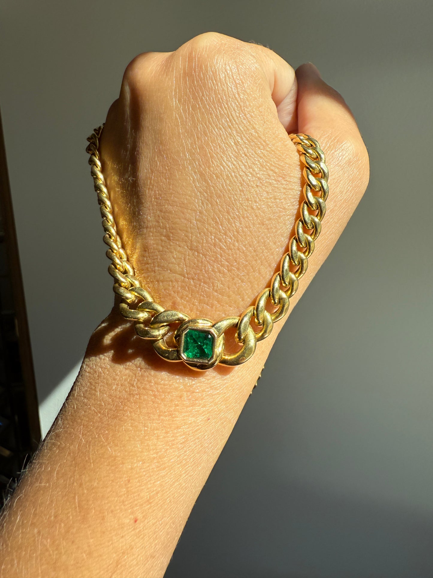 Vintage 26g 18k Gold Natural EMERALD French Curb Chain DATED Cert & ORIGINAL Gouache Drawing Design Heavy Unisex Chunky Green