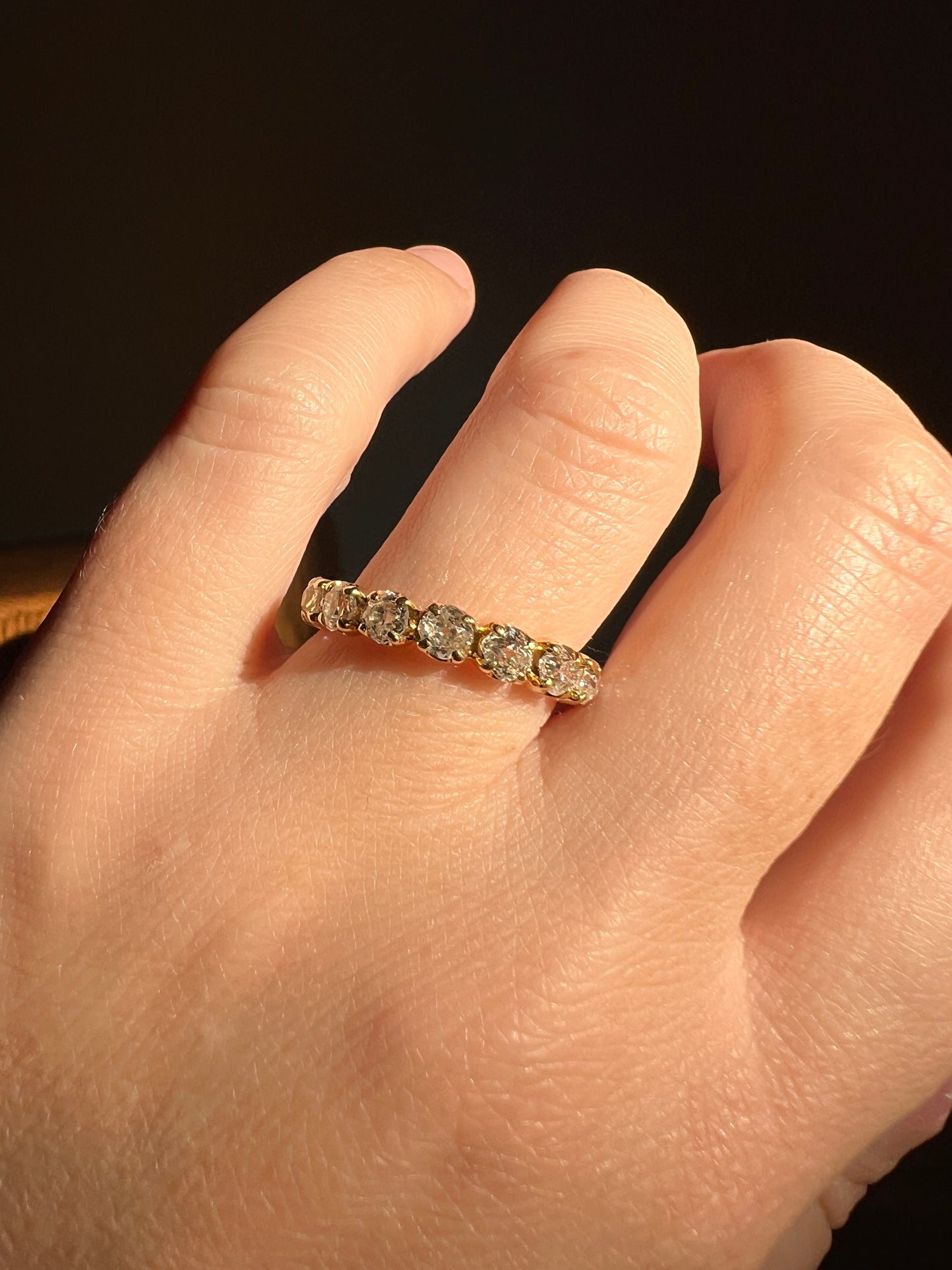 French Antique 18k Gold 1 CARAT Nine Stone Old Mine Cut DIAMOND Ring Skinny Half Hoop Wedding Band