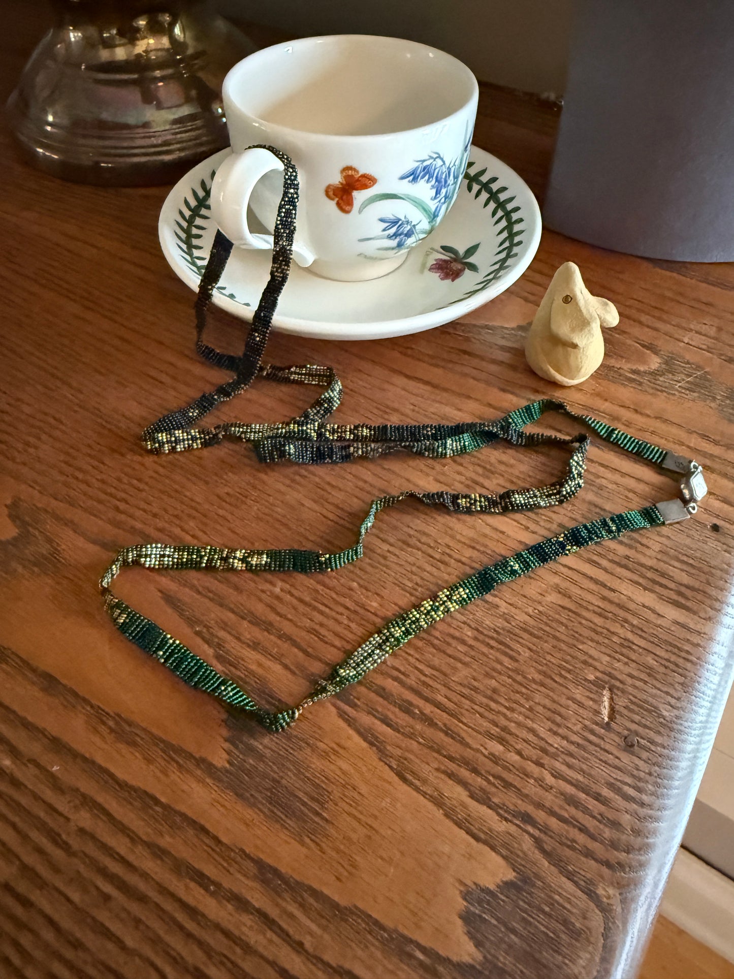 Victorian Antique Emerald Green Black and Gold Intricate Hand Beaded Long Chain Wide Ribbon Flapper Style