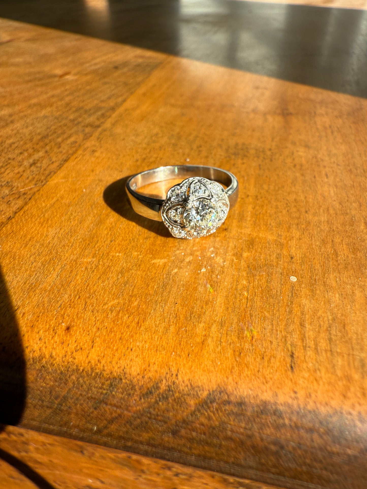 Vintage 1 Carat Tdw Antique Old European Cut Diamonds 18k White Gold Ring Scandinavian Domed Ornate Cluster Ring Art Deco Edwardian Style