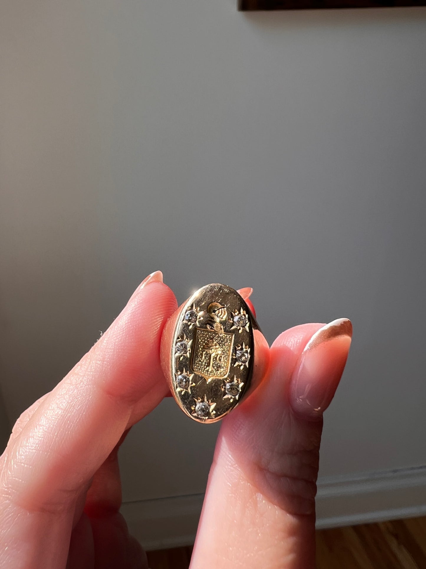 Old Mine Cut DIAMOND Starburst HEAVY French Antique Signet RING 13g 18k Gold Solid Helmet Coat of Arms Chunky