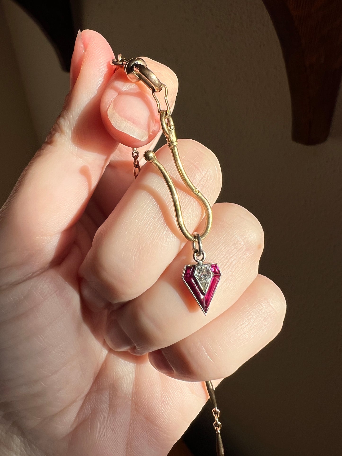 PENTAGON Antique RARE 5 Sided Shield Kite Lozenge Old Cut DIAMOND 18k White Gold Eye Clean Pendant Art Deco Pink Ruby Halo One of Kind Gift Charm