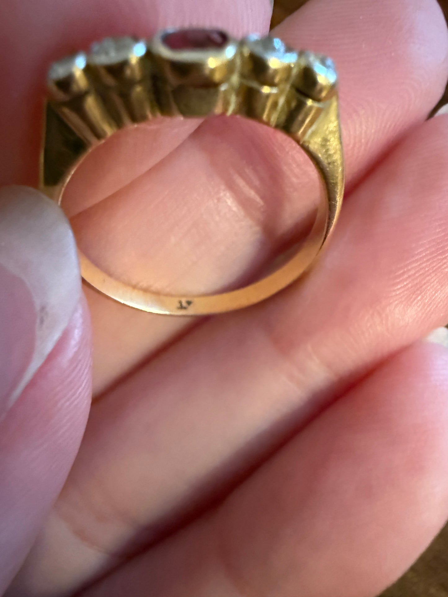 RUBY & Old Mine Cut DIAMOND Five Stone Band 18k Gold Platinum Edwardian Antique Bezel Ring Romantic Gift Pink Red Wedding Stacker