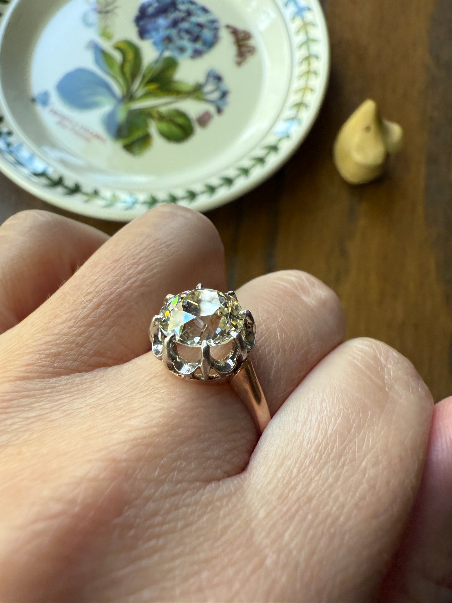 Special French Original Antique 3.5 CARAT Old European Cut DIAMOND Eye Clean Solitaire Engagement Ring 18k Rosy Gold Platinum Fiery OEC