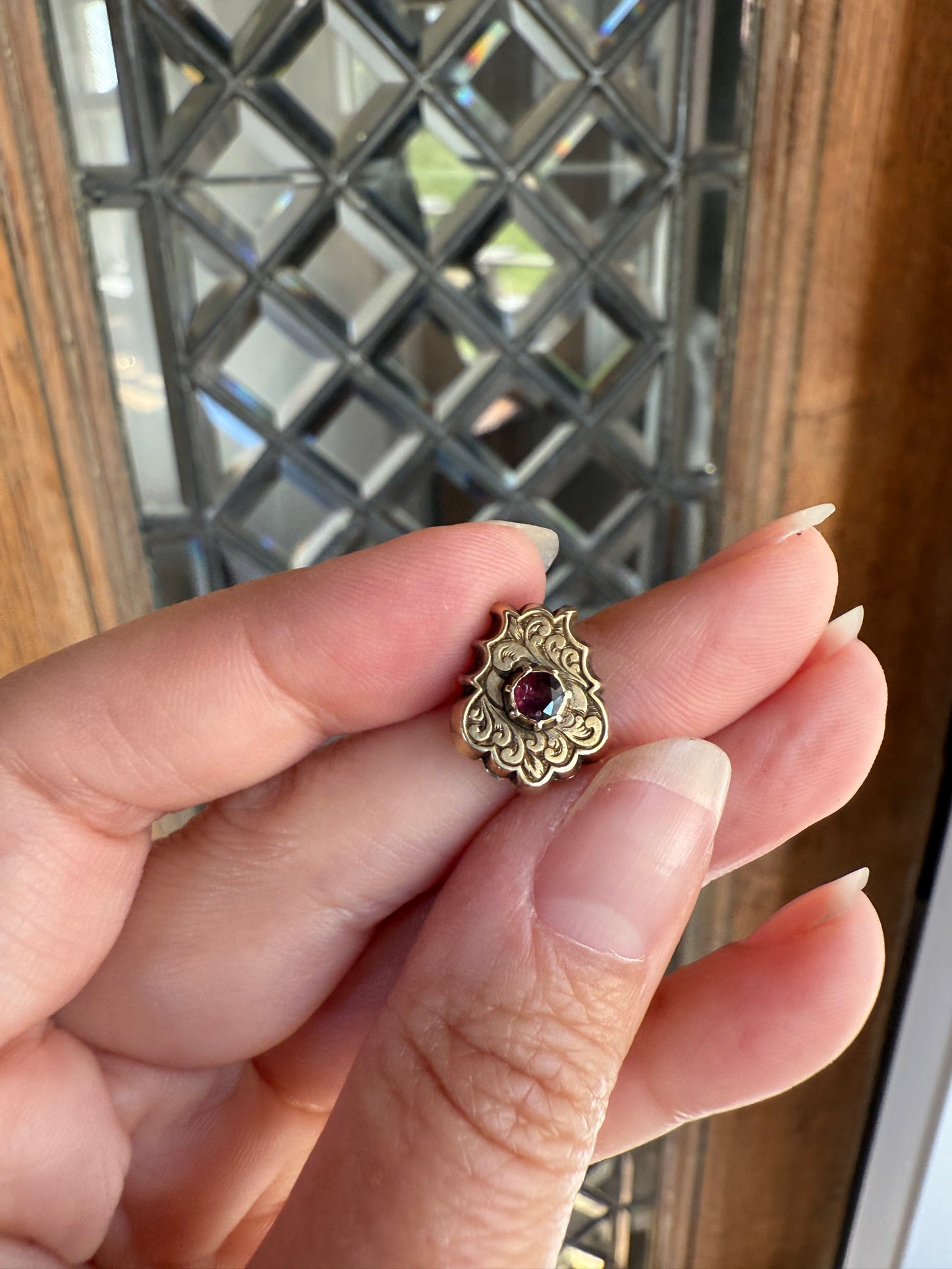 Garnet Antique SHIELD Gold Fill Slide Pendant Victorian Ornate Hand Engraved Reversible Mauve Pink Red Neckmess Bracelet Charm Findings
