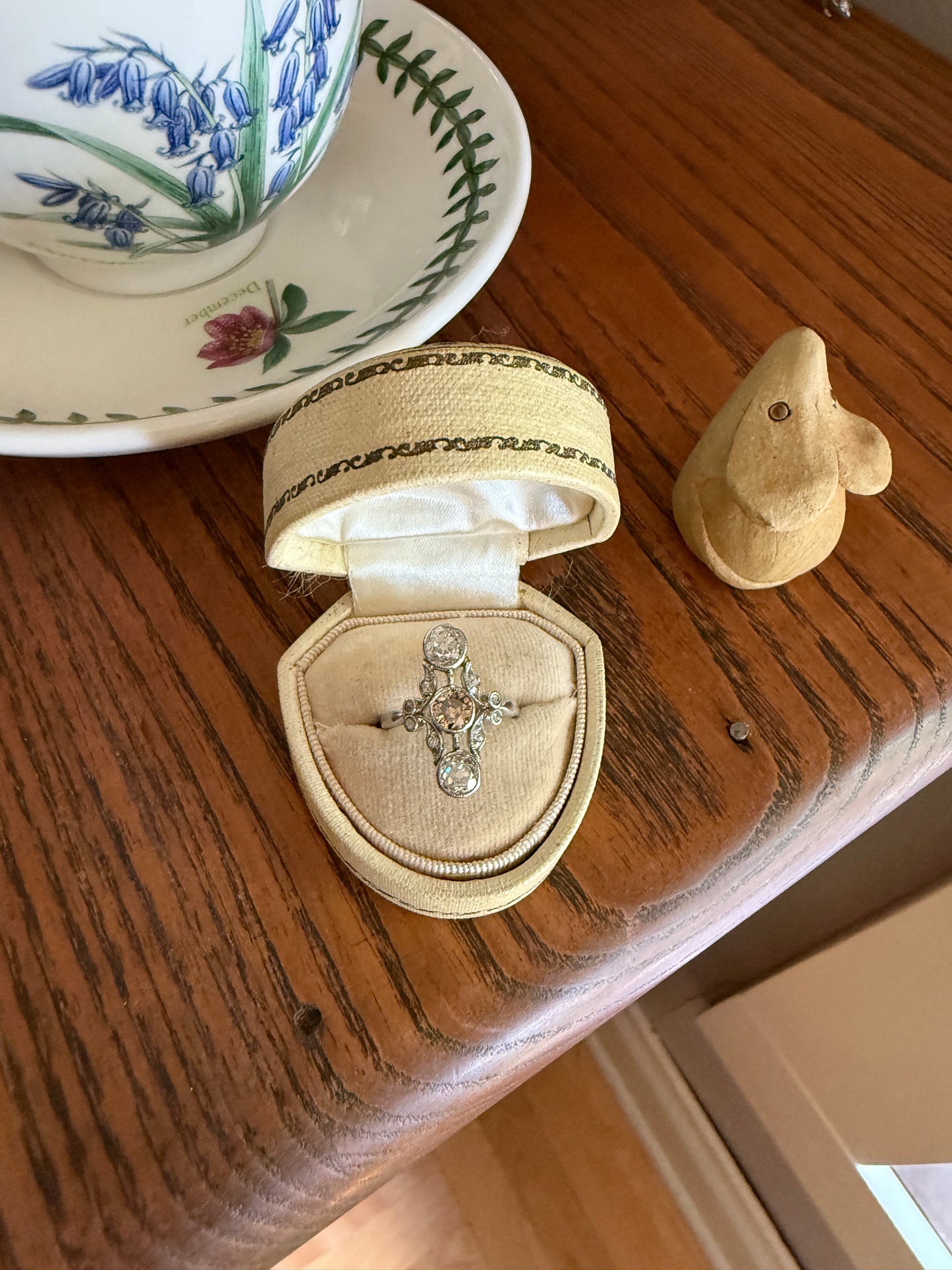 ORNATE Belle Epoque Antique 1.6 Carat Tdw Champagne Fancy Light Brown & White Three Stone Old Mine Cut Diamond Platinum Navette Ring Oval Victorian French
