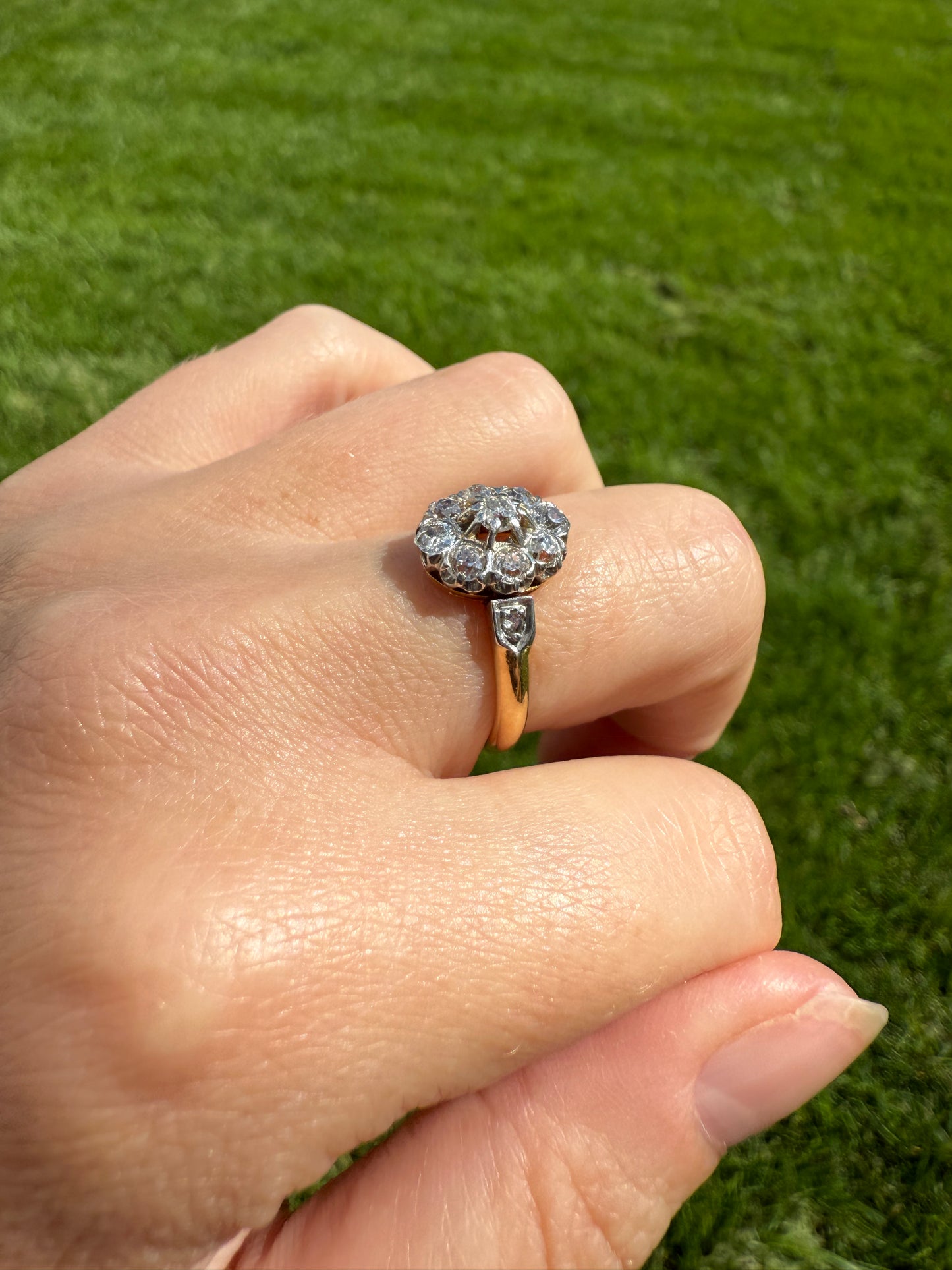 OVAL .9 Carat Old Mine Cut DIAMOND Cluster Ring Victorian French Antique Hallmark 18k Gold Band Platinum