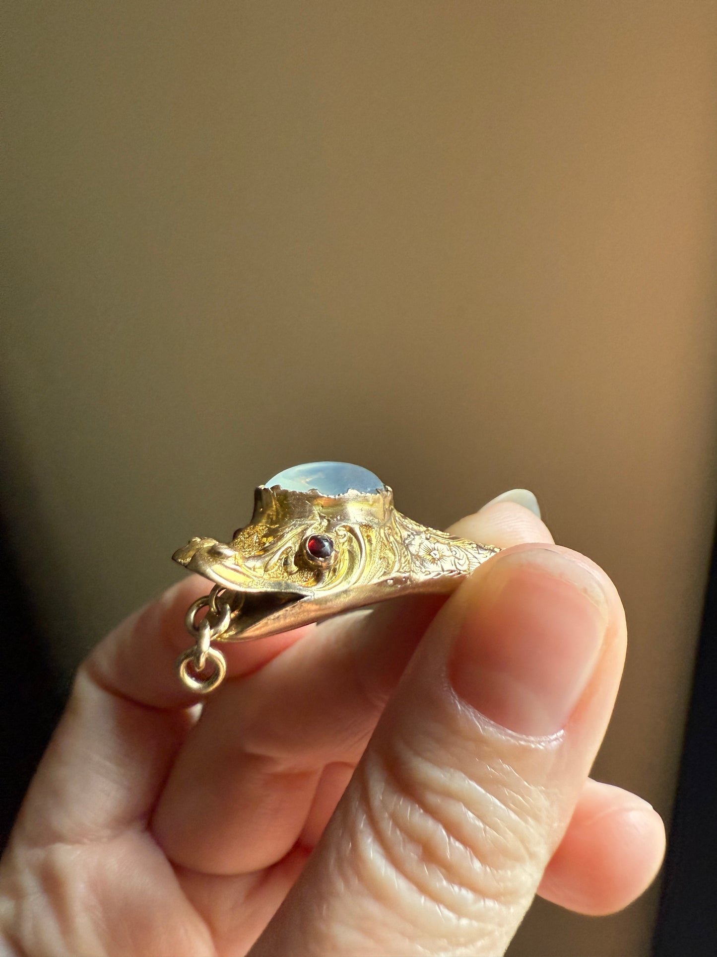 MOONSTONE Smiling SNAKE Large Victorian Antique Pendant CONNECTOR Extender Figural 10k Gold Solid Swivel Engraved Head Garnet Eyes